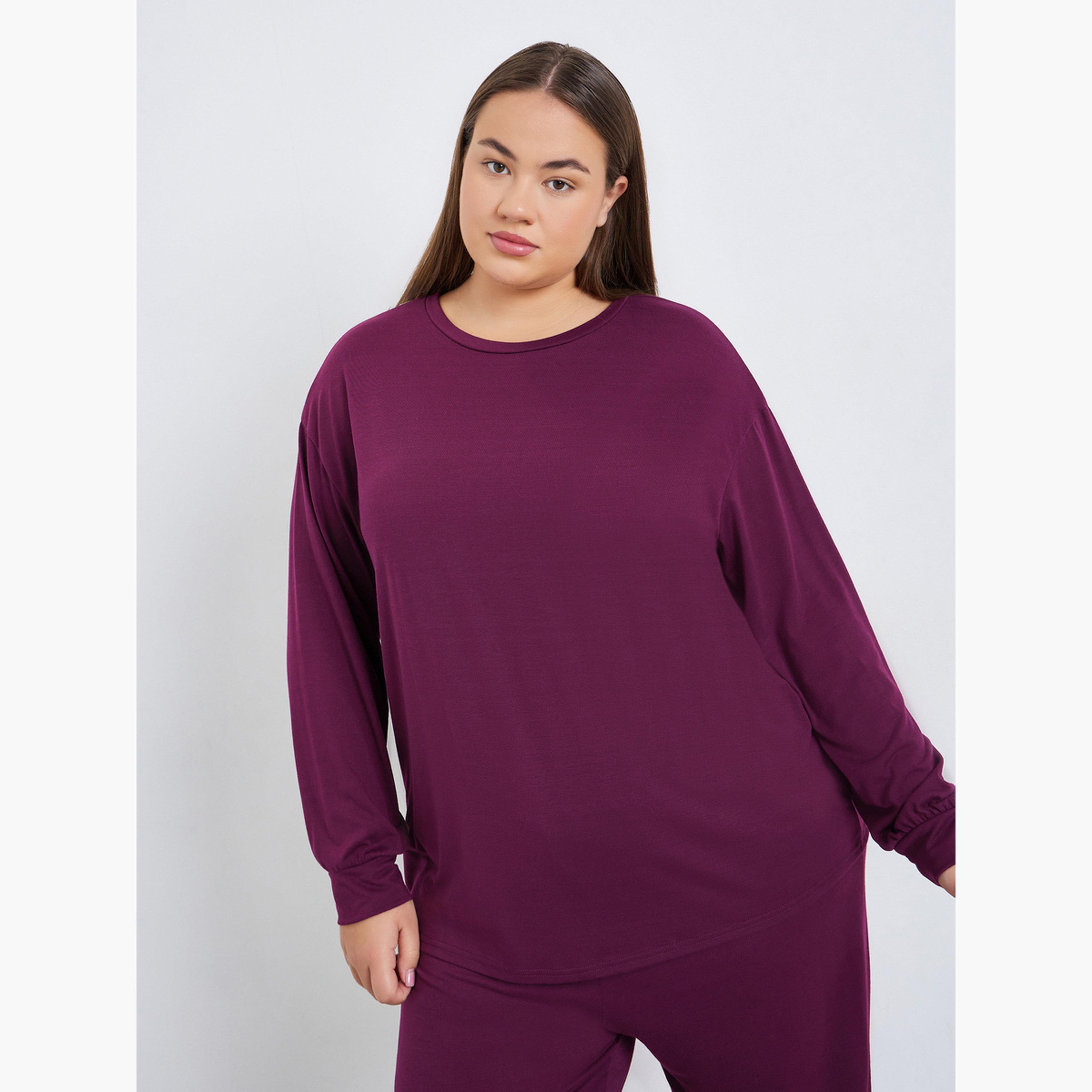 Styli Plus Size Solid Dropped Shoulder Top and Pyjama Set-women-clothing-nightwear-pyjamas-longsets-image-2