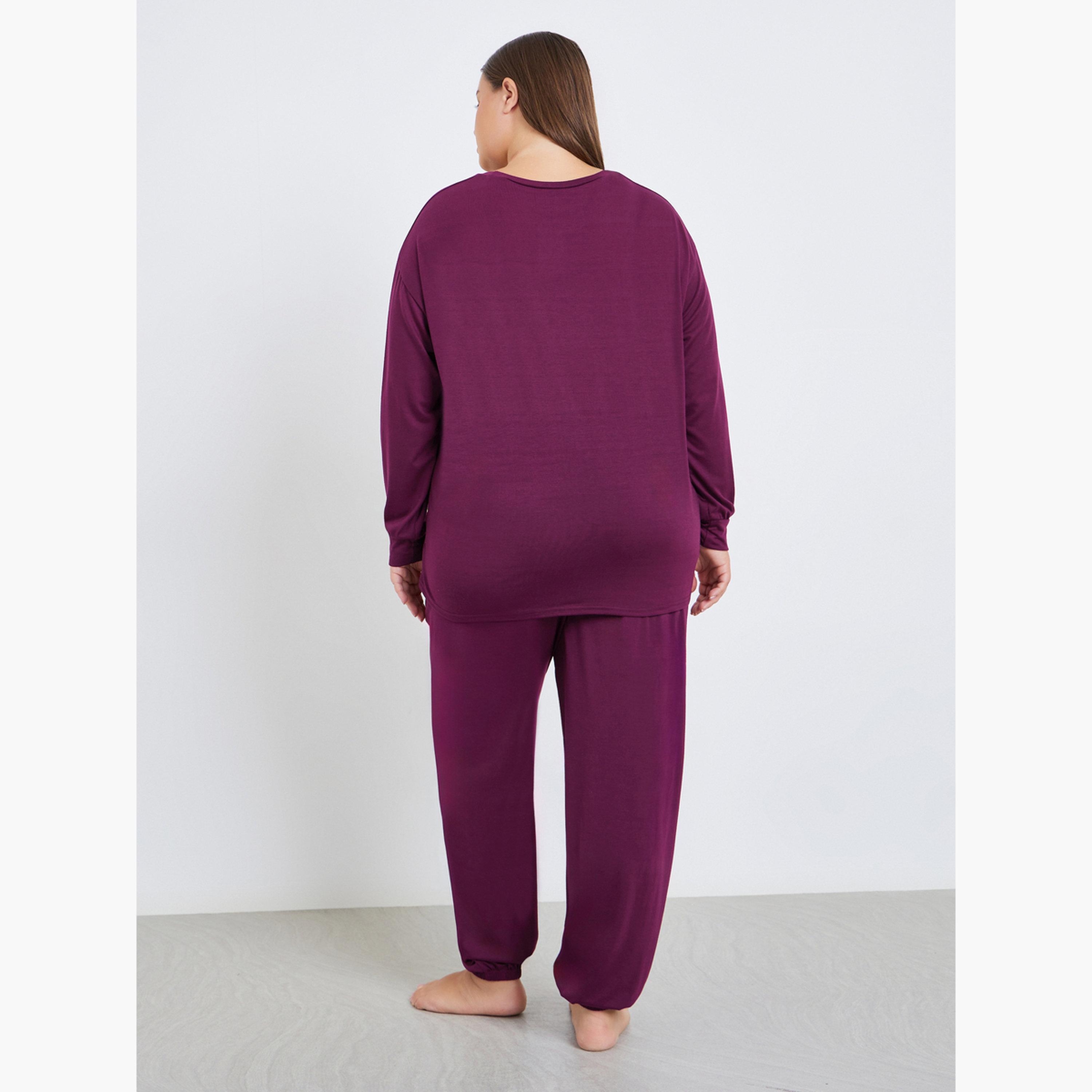 Styli Plus Size Solid Dropped Shoulder Top and Pyjama Set-women-clothing-nightwear-pyjamas-longsets-image-3