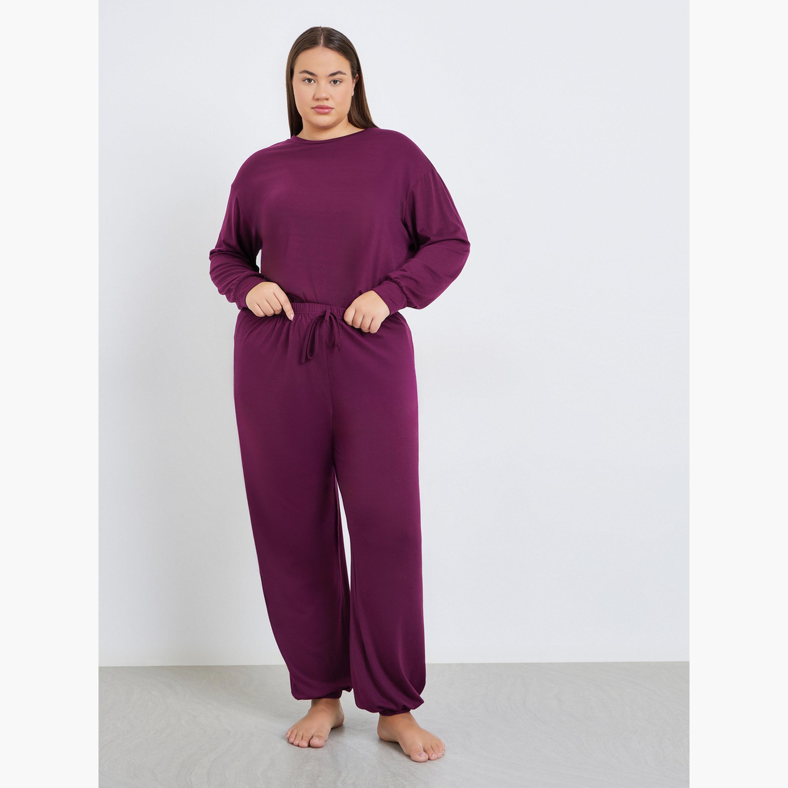 Styli Plus Size Solid Dropped Shoulder Top and Pyjama Set-women-clothing-nightwear-pyjamas-longsets-image-4