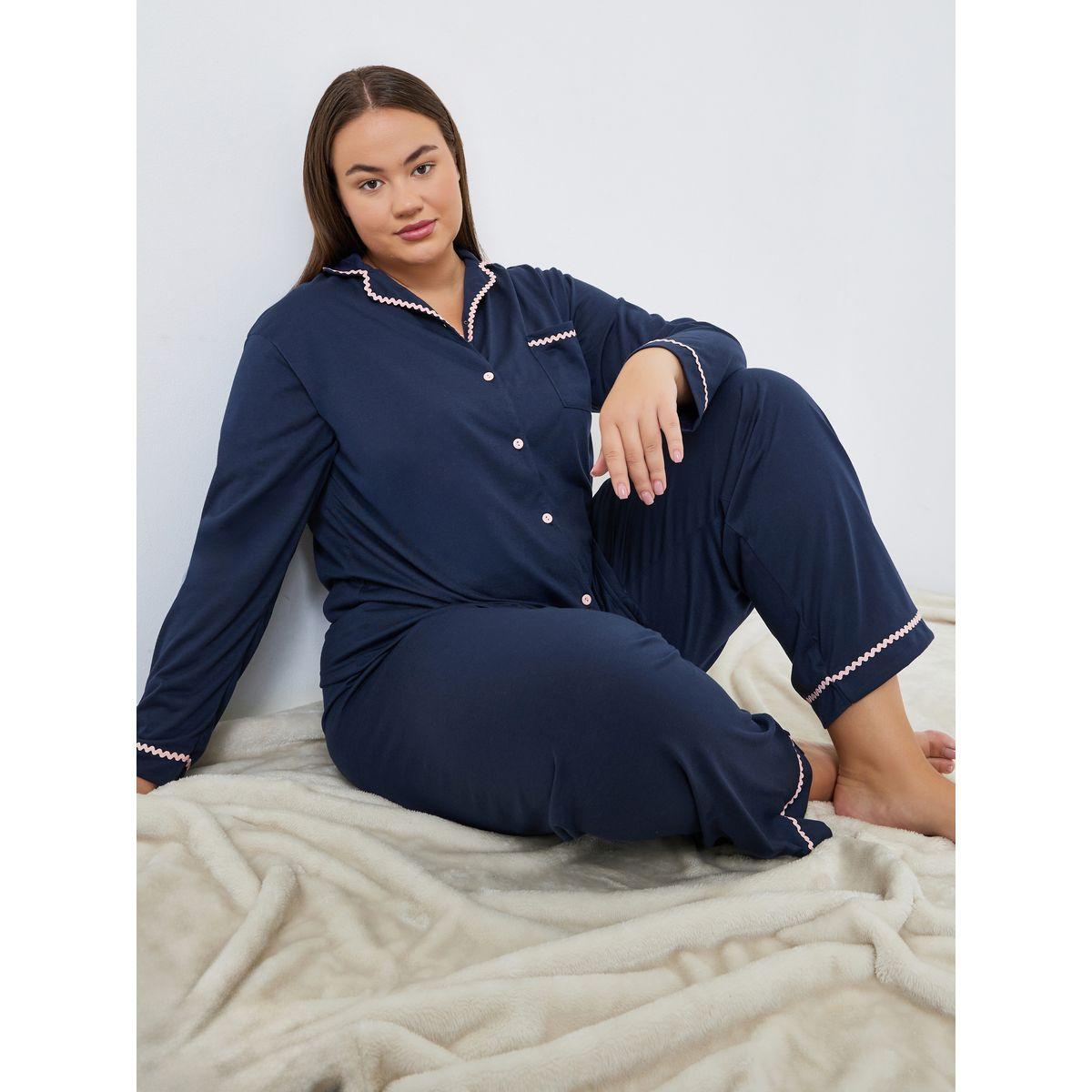 Styli Plus Size Rick Rack Trim Shirt and Pyjama Set-women-clothing-nightwear-pyjamas-longsets-image-1