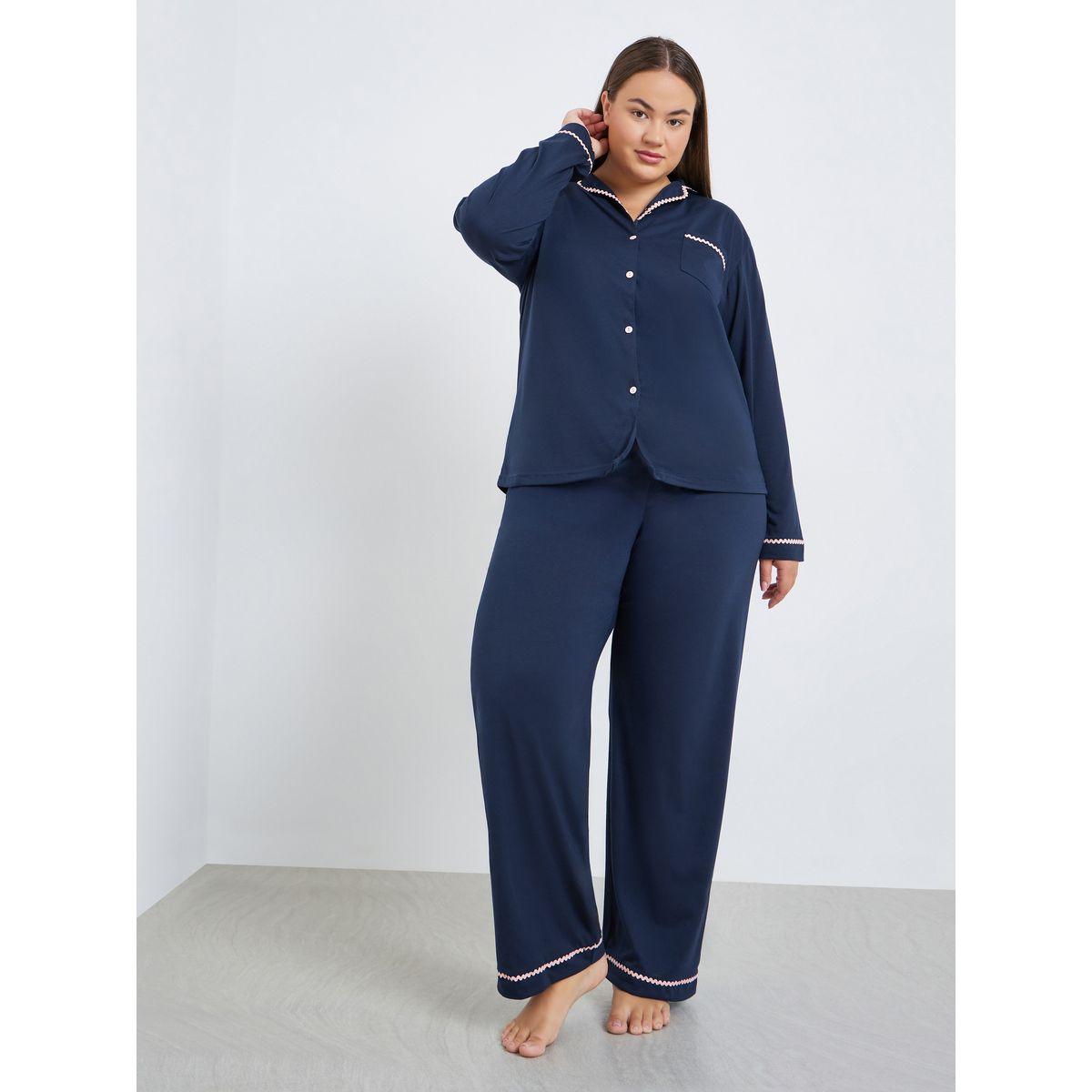 Styli Plus Size Rick Rack Trim Shirt and Pyjama Set-women-clothing-nightwear-pyjamas-longsets-image-2