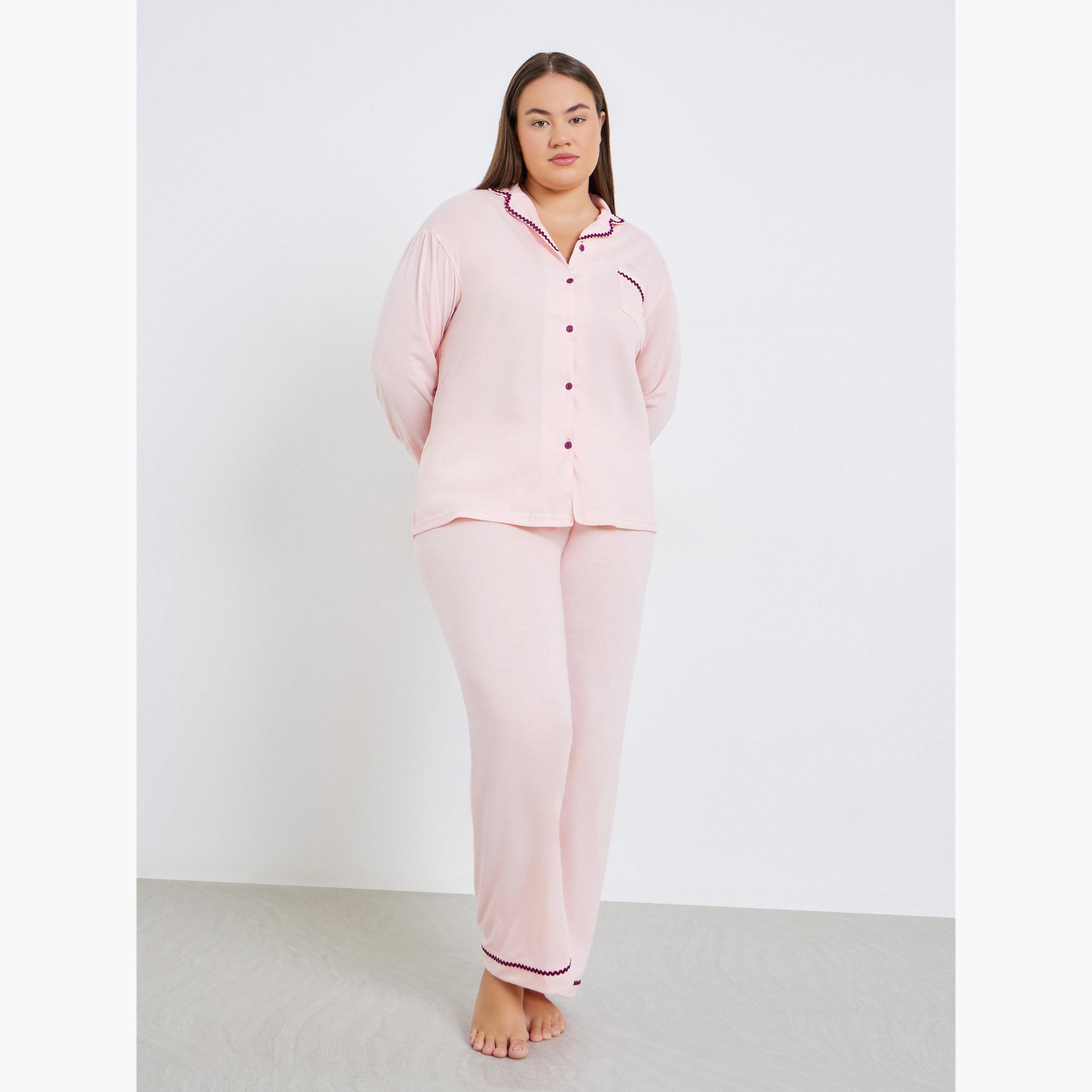 Styli Plus Size Rick Rack Trim Shirt and Pyjama Set-women-clothing-nightwear-pyjamas-longsets-image-1