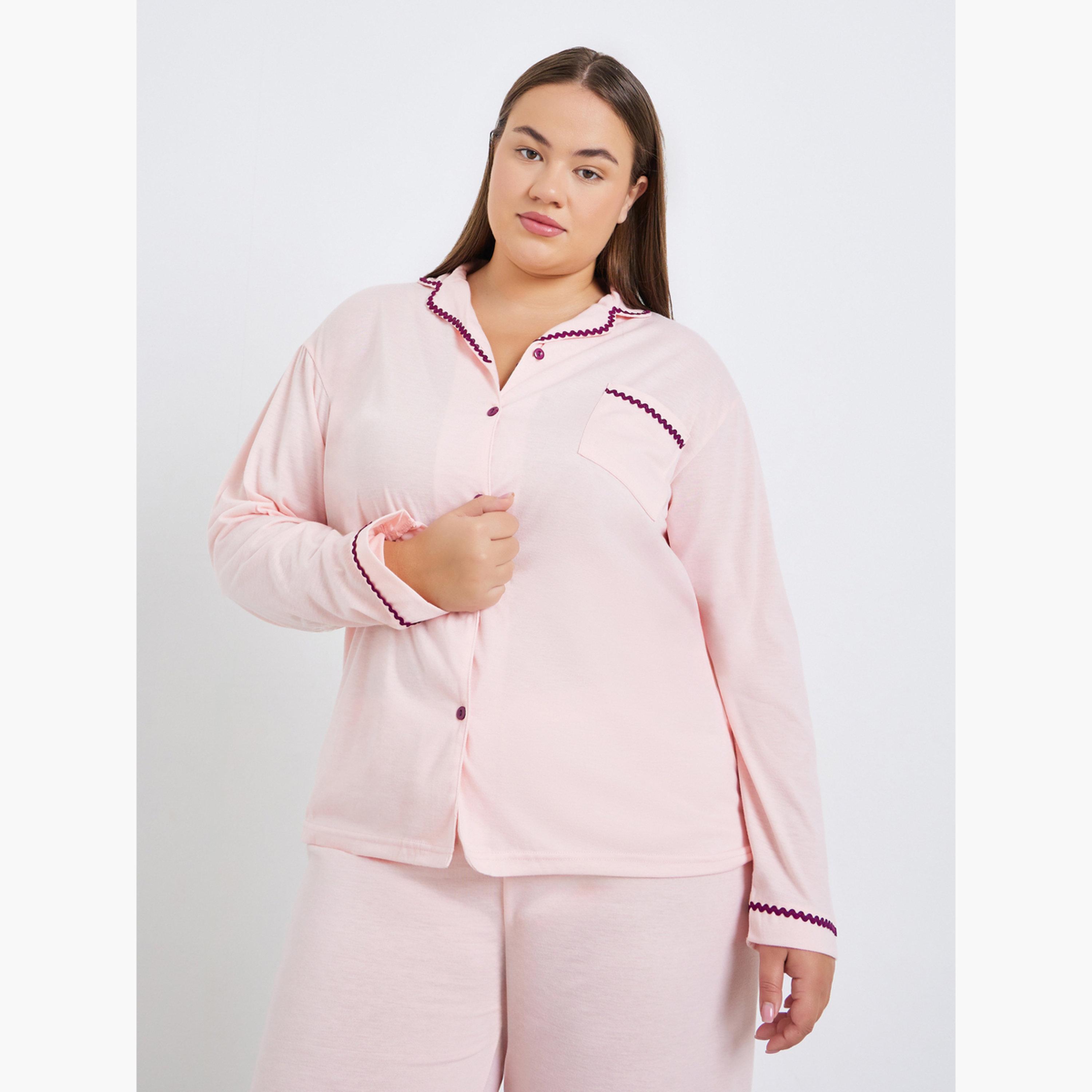 Styli Plus Size Rick Rack Trim Shirt and Pyjama Set-women-clothing-nightwear-pyjamas-longsets-image-2