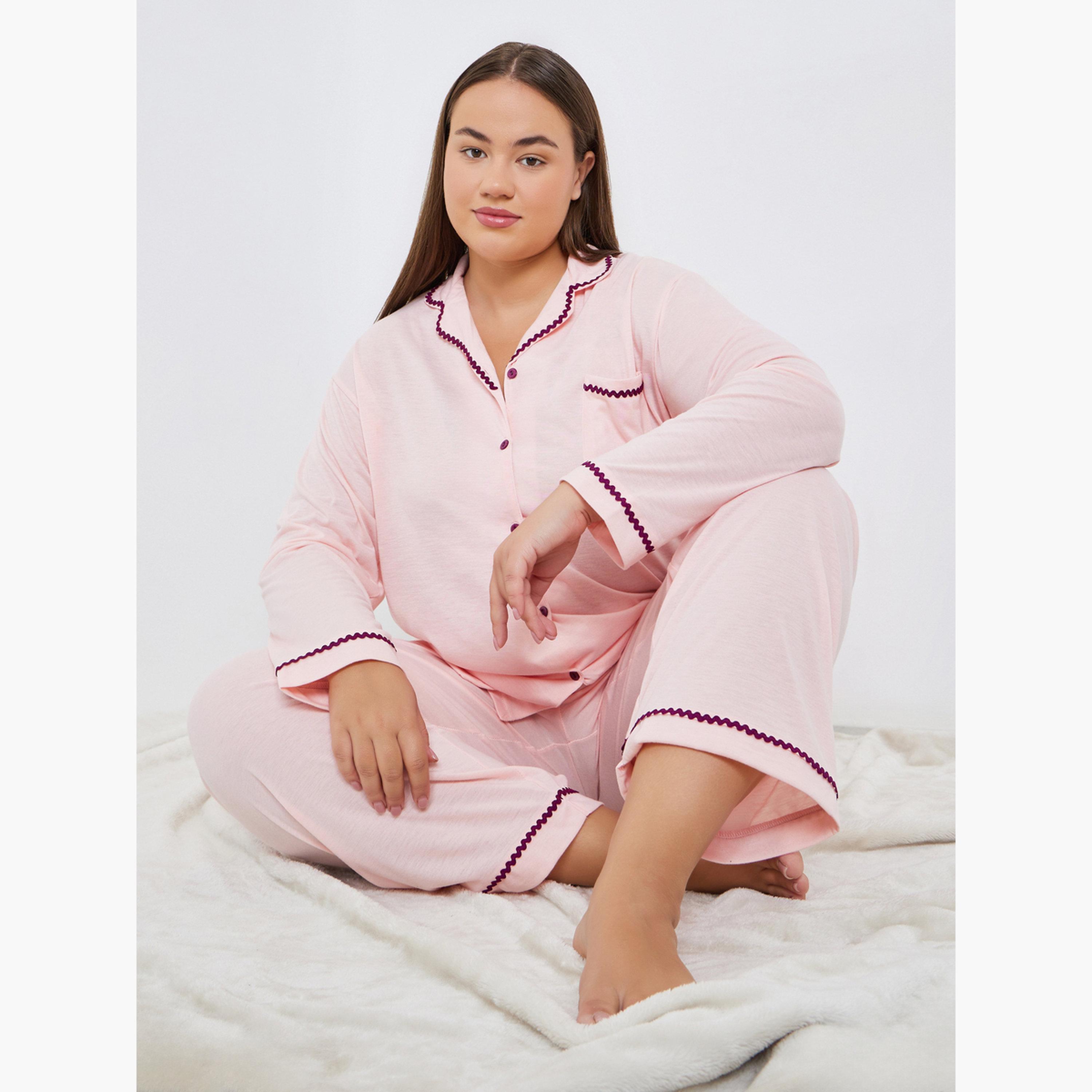 Styli Plus Size Rick Rack Trim Shirt and Pyjama Set-women-clothing-nightwear-pyjamas-longsets-image-3
