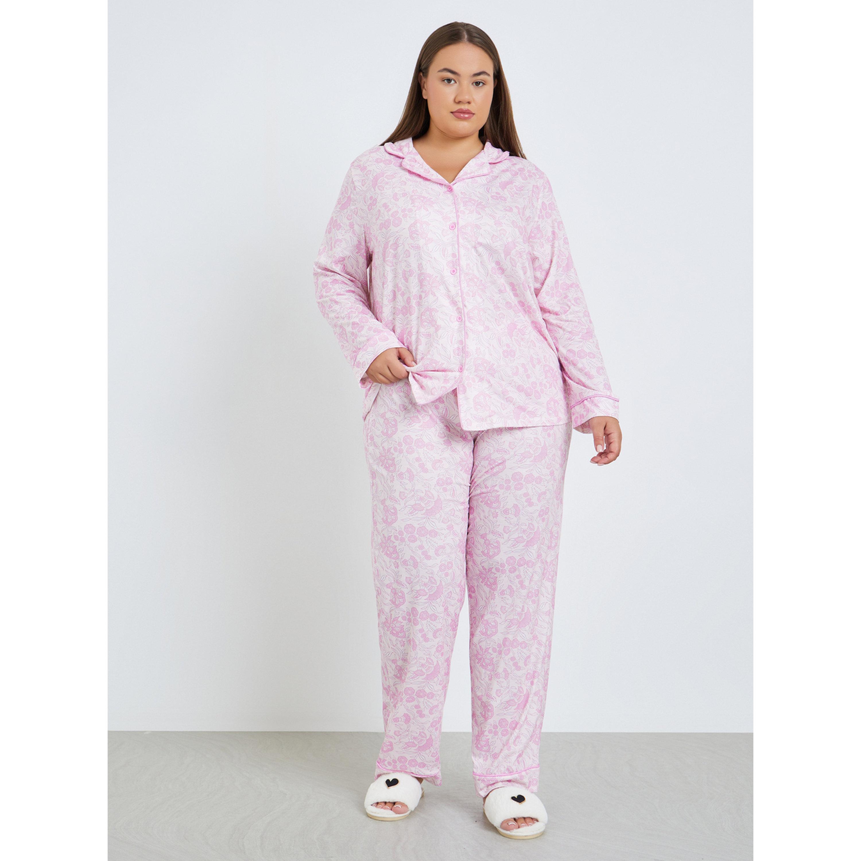 Styli Plus Size Pink Paisley Print Shirt and Pyjama Set-women-clothing-nightwear-pyjamas-longsets-image-1