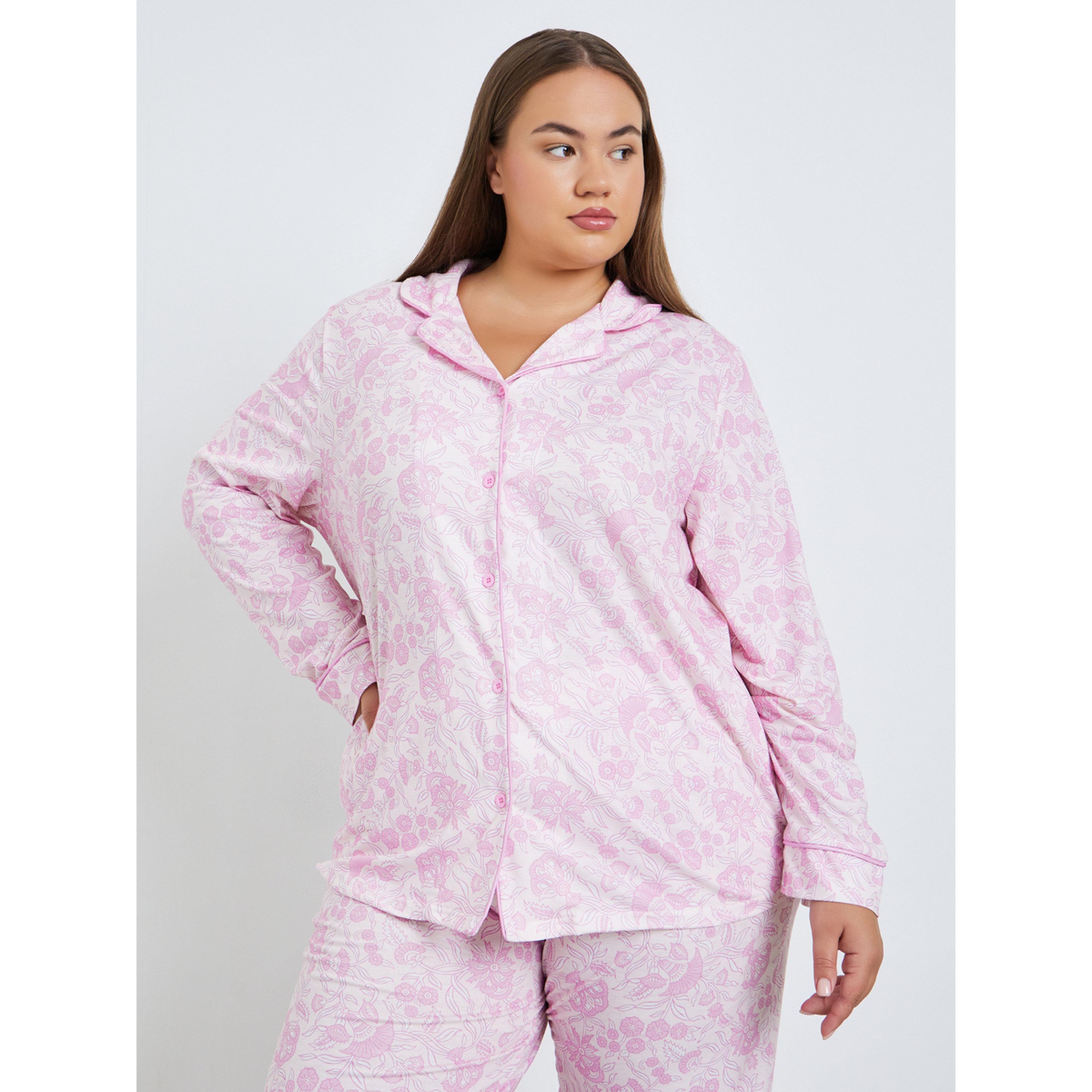 Styli Plus Size Pink Paisley Print Shirt and Pyjama Set-women-clothing-nightwear-pyjamas-longsets-image-2