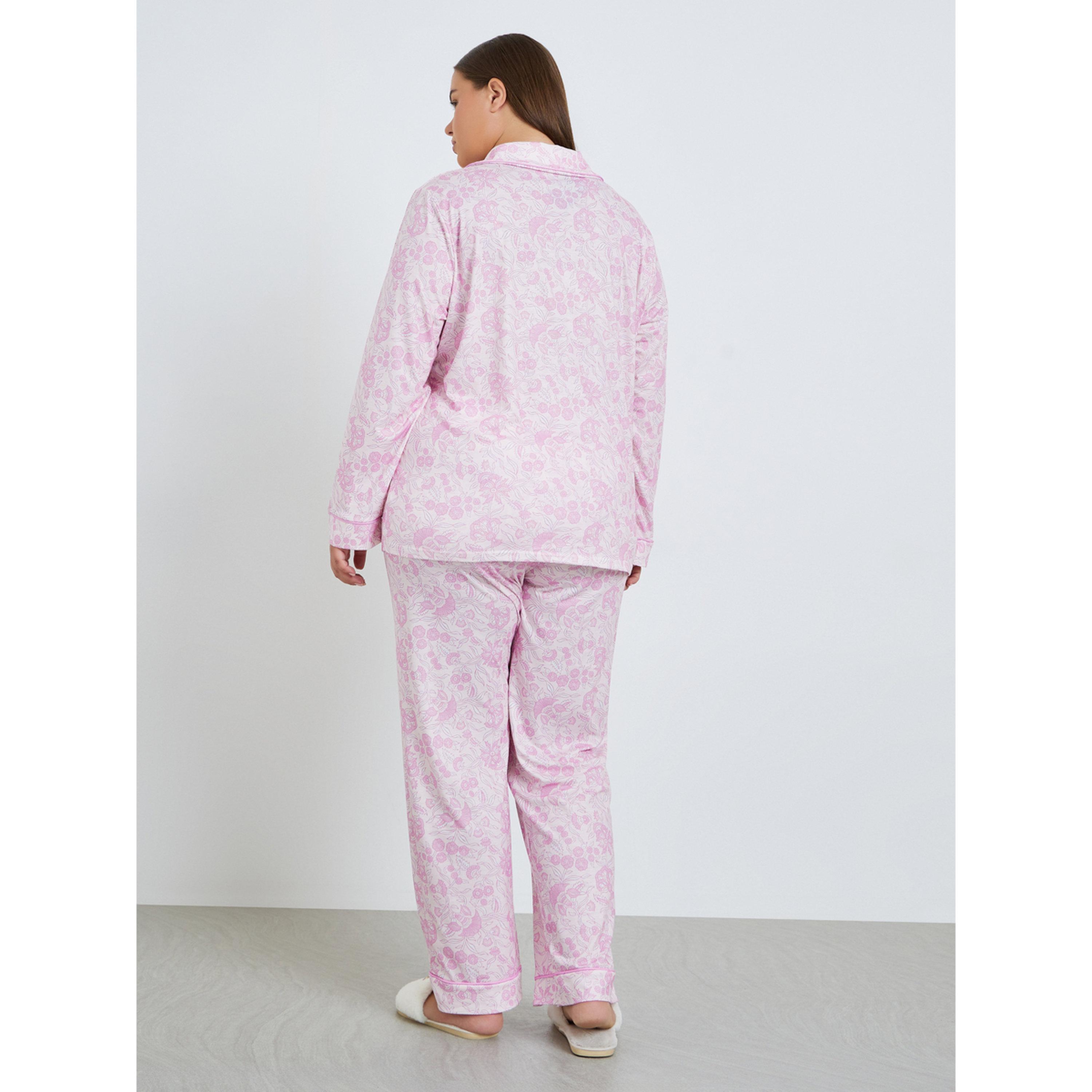 Styli Plus Size Pink Paisley Print Shirt and Pyjama Set-women-clothing-nightwear-pyjamas-longsets-image-3