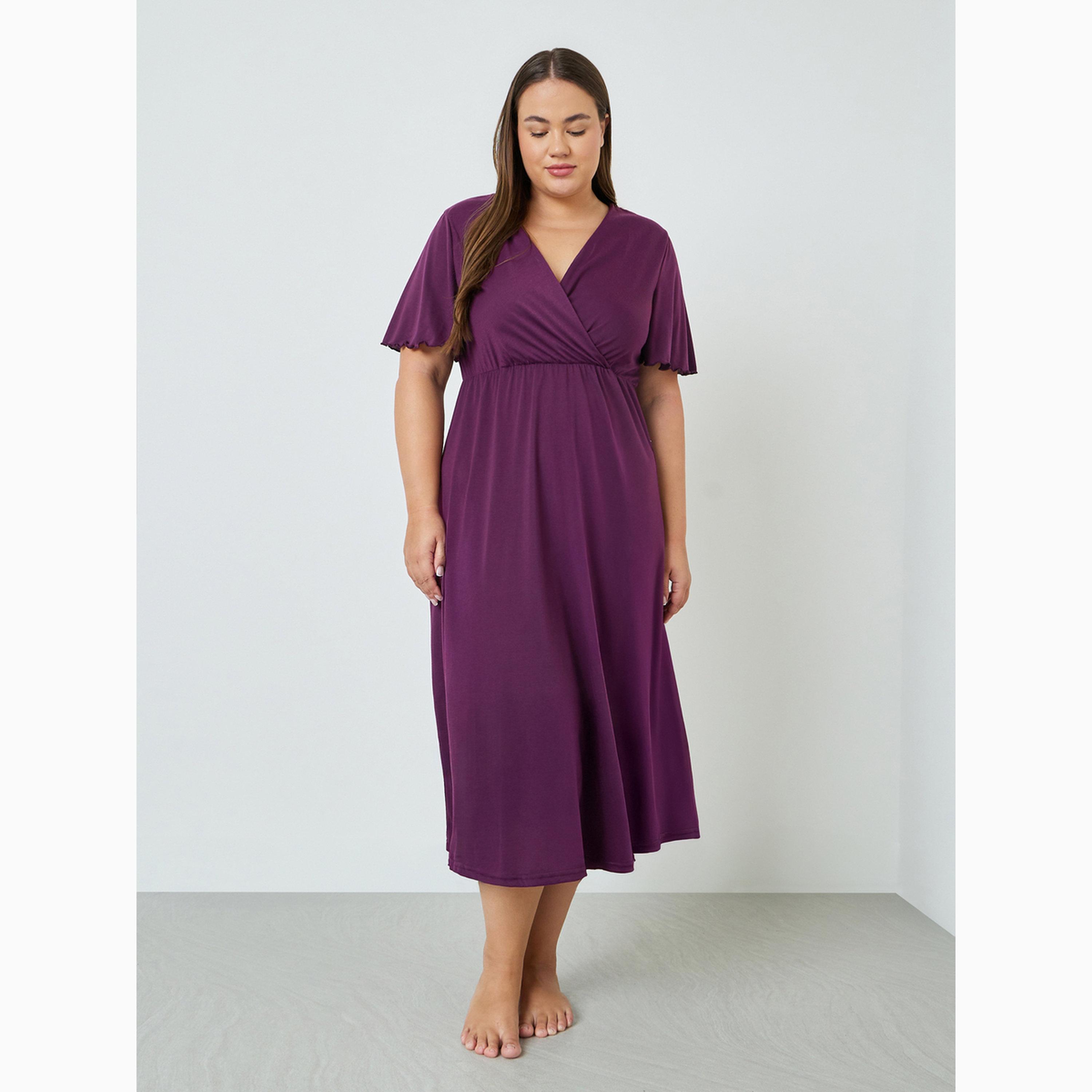 Styli Plus Size Solid Wrap Over Nightdress-women-clothing-nightwear-nighties-image-1