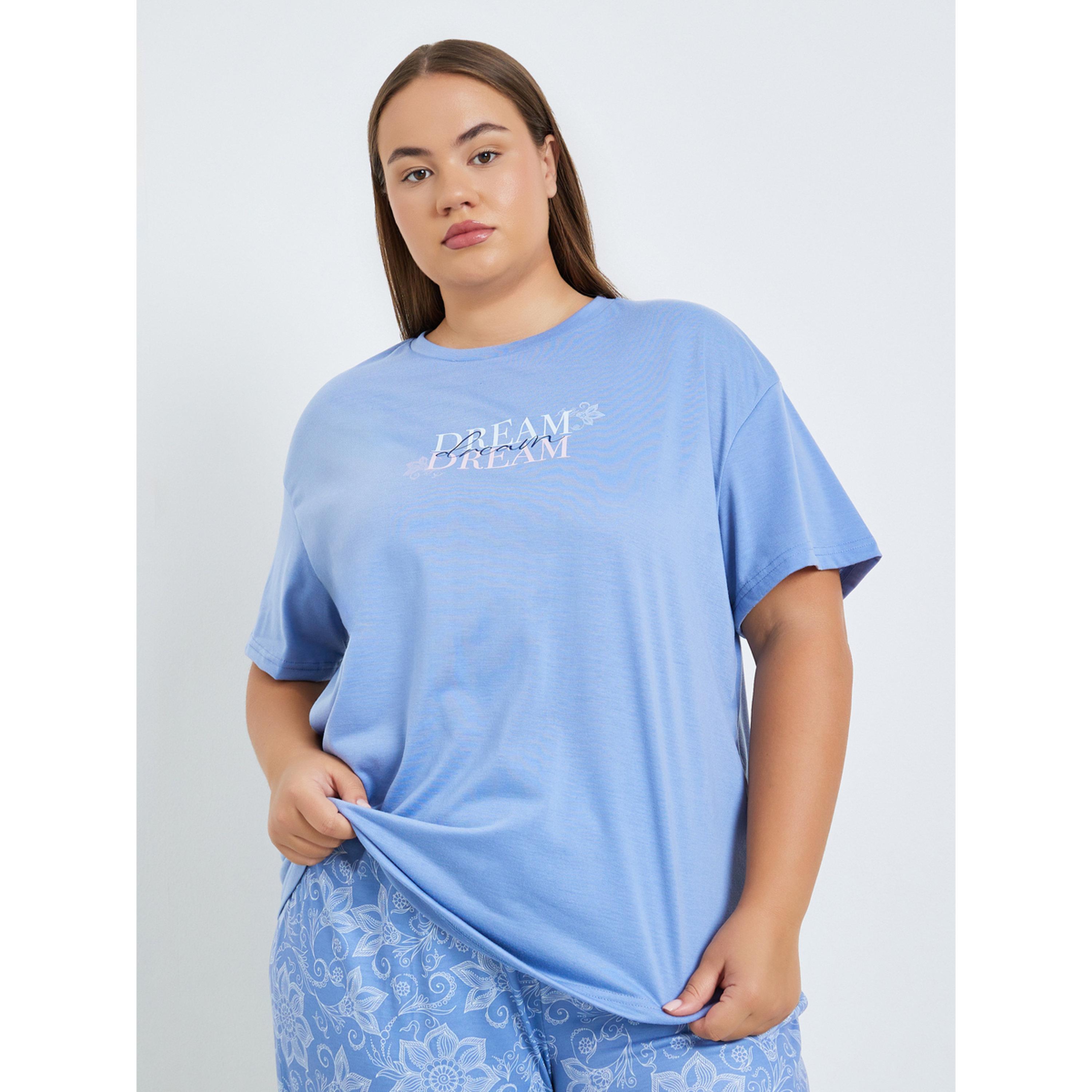 Styli Plus Size Blue Floral T-Shirt and Pyjama Set-women-clothing-nightwear-pyjamas-longsets-image-3