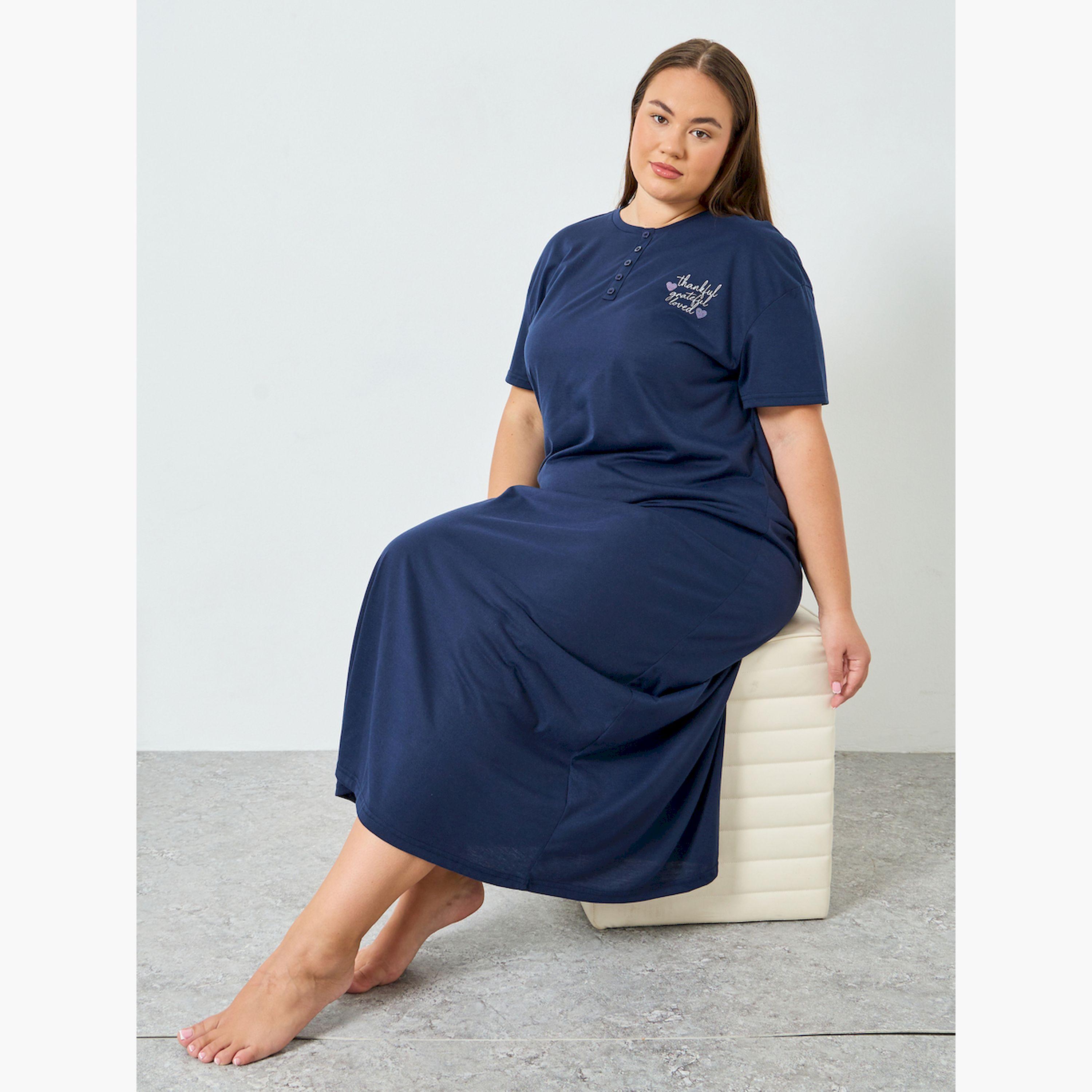 Styli Plus Size Navy Blue Printed Slogan T-Shirt Dress-women-clothing-nightwear-nighties-image-2