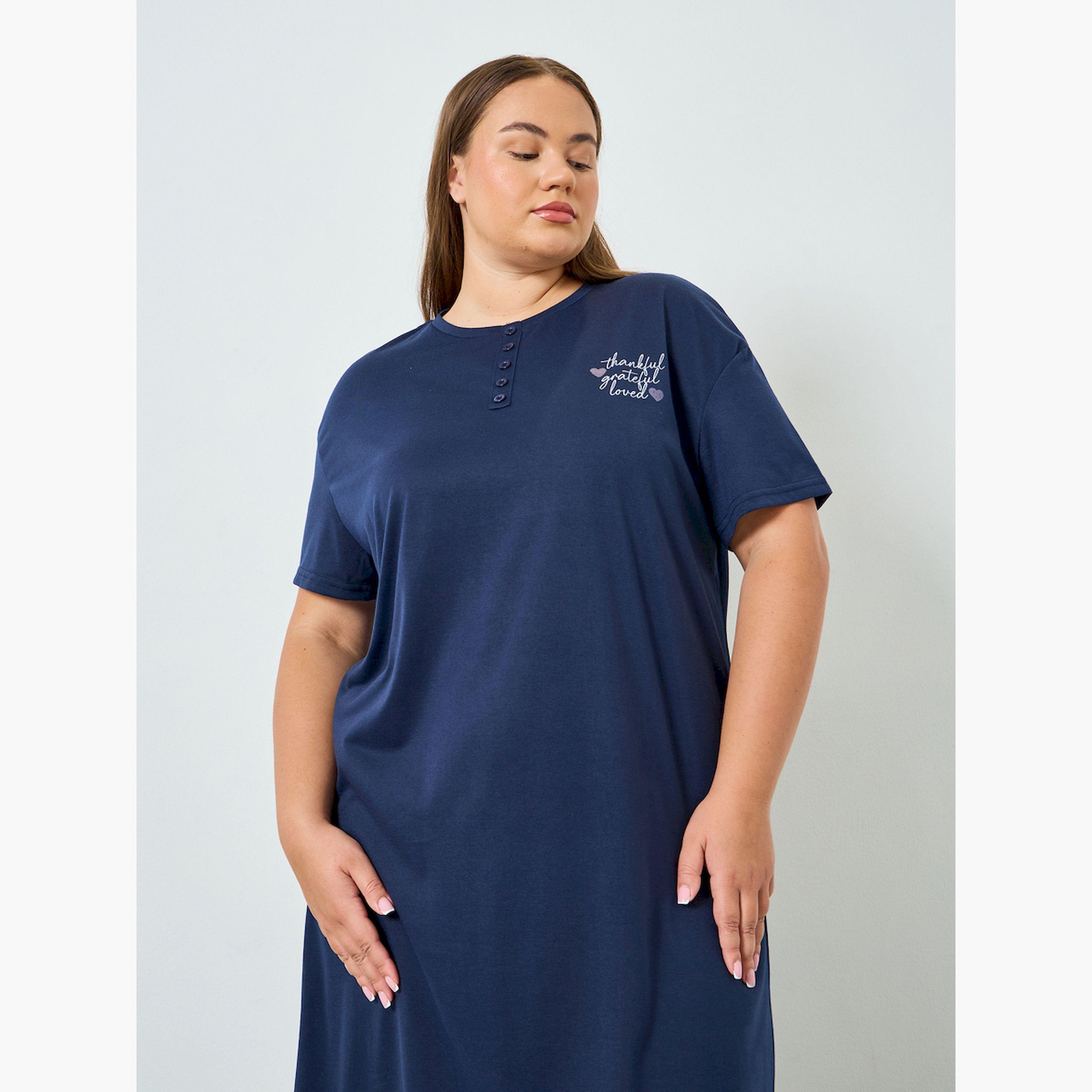 Styli Plus Size Navy Blue Printed Slogan T-Shirt Dress-women-clothing-nightwear-nighties-image-3