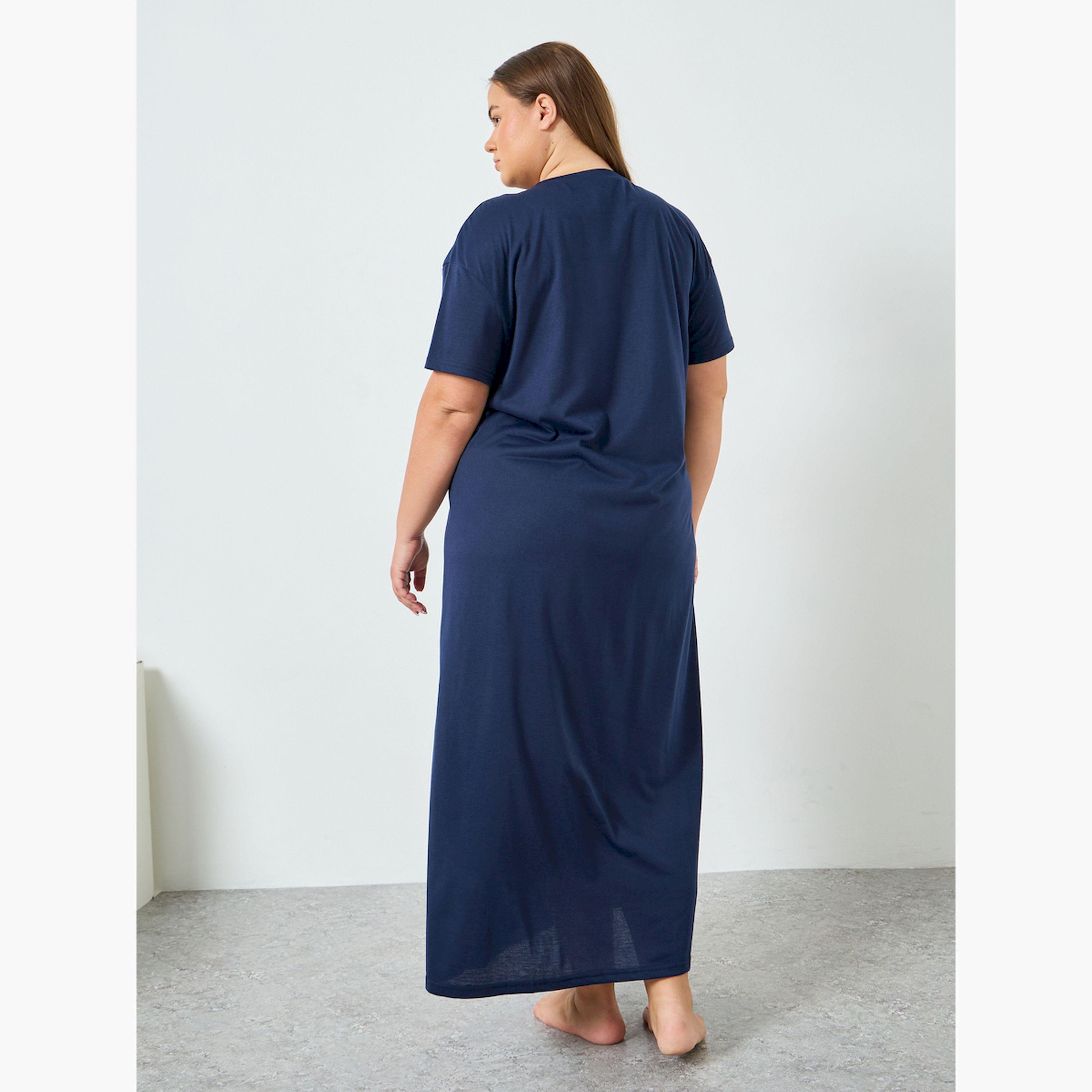 Styli Plus Size Navy Blue Printed Slogan T-Shirt Dress-women-clothing-nightwear-nighties-image-4
