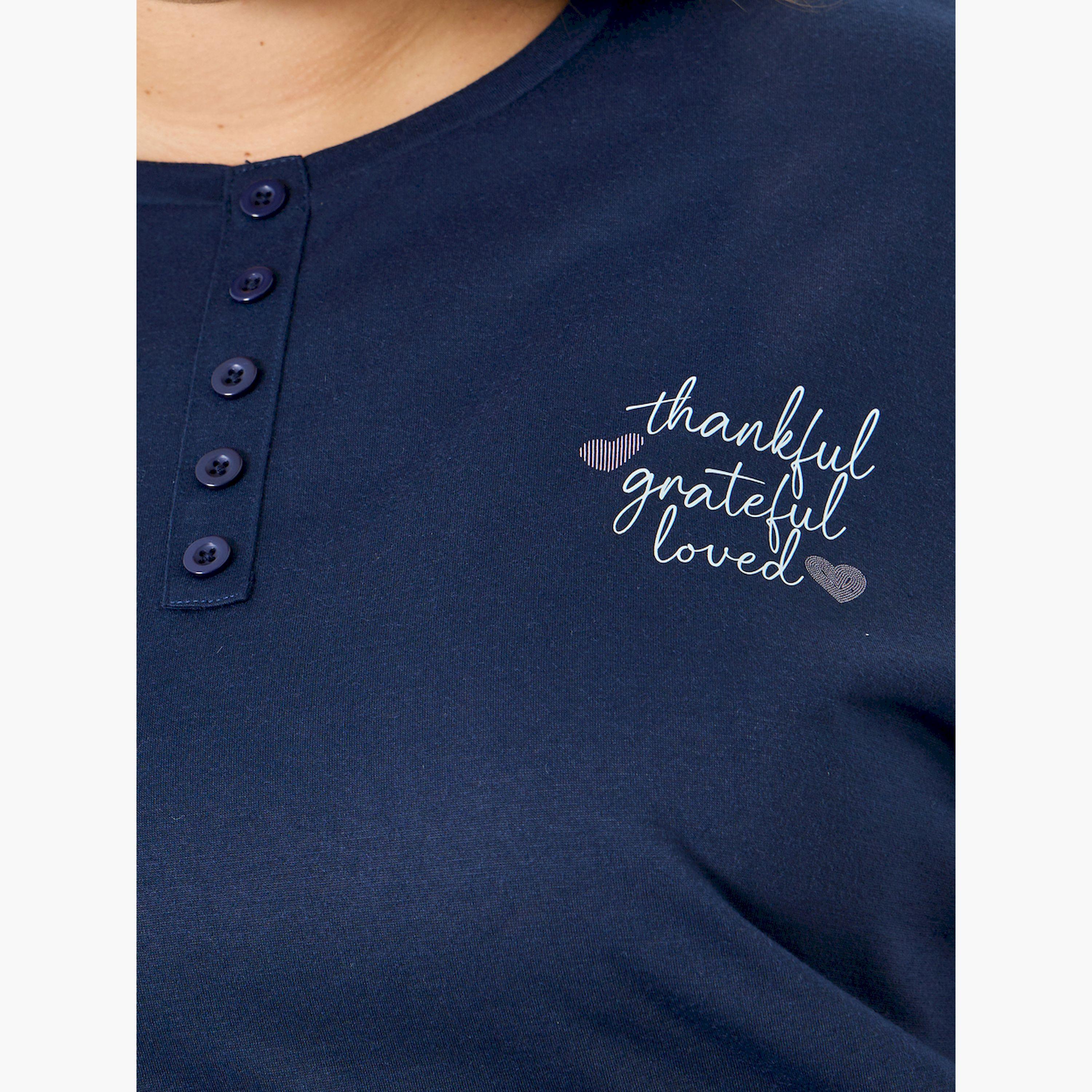 Styli Plus Size Navy Blue Printed Slogan T-Shirt Dress-women-clothing-nightwear-nighties-image-5