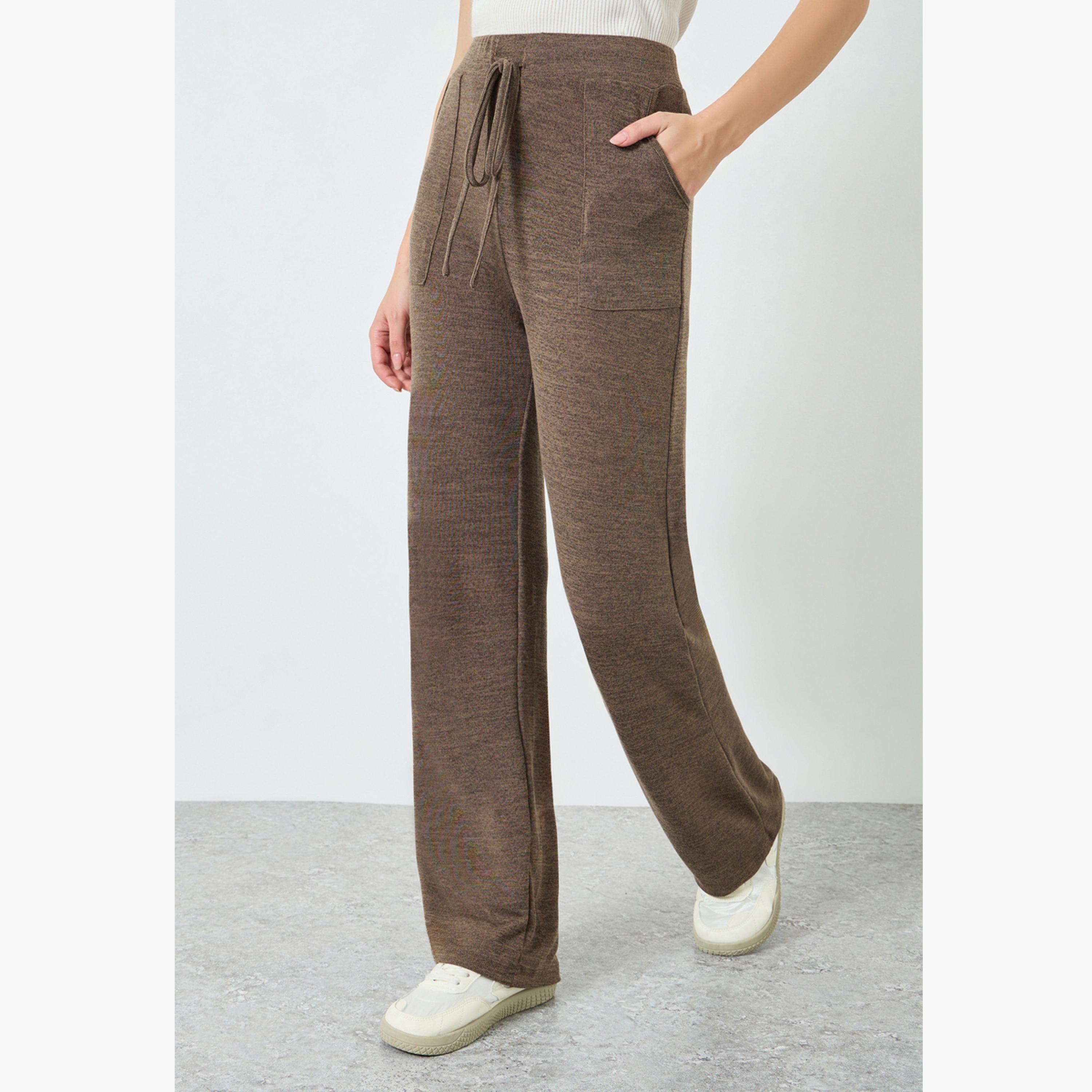 Styli Women Brown Solid Knit Pants with Pocket-women-clothing-bottoms-trousers-image-1