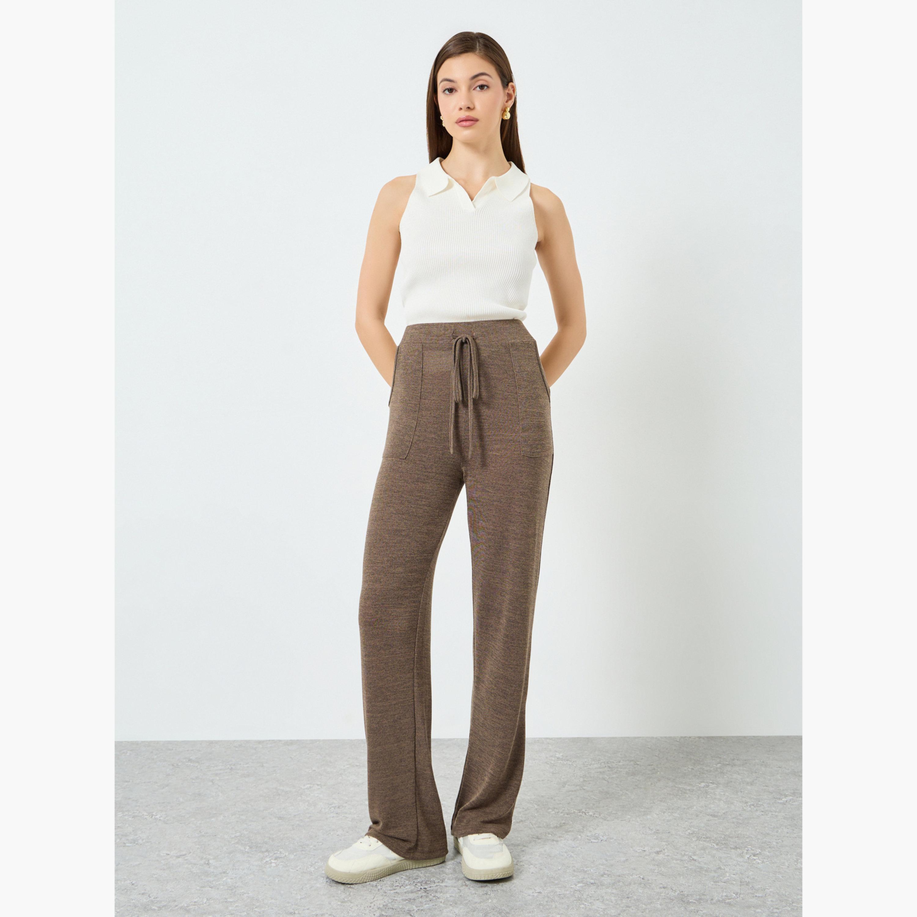 Styli Women Brown Solid Knit Pants with Pocket-women-clothing-bottoms-trousers-image-2