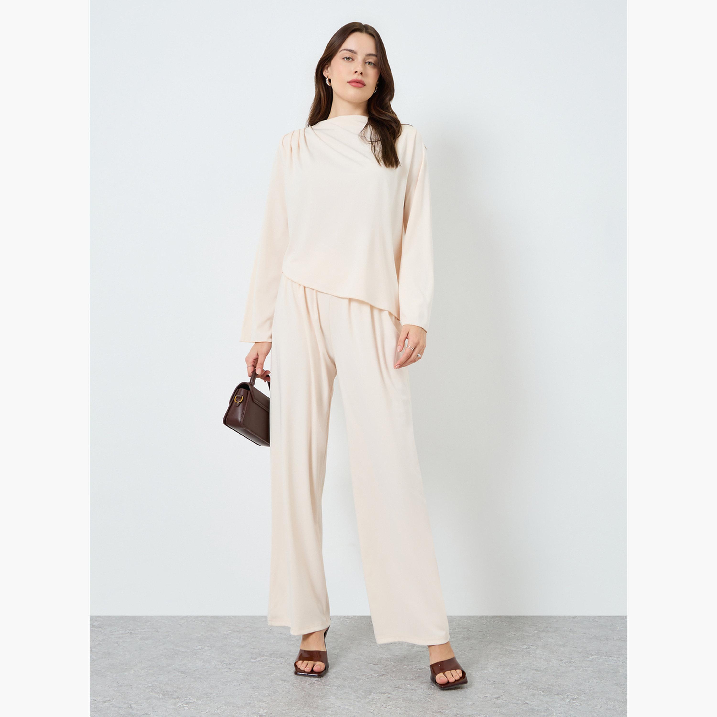 طقم منسق من بلوزة بحافة غير متماثلة وبنطال-women-clothing-coordsets-image-1