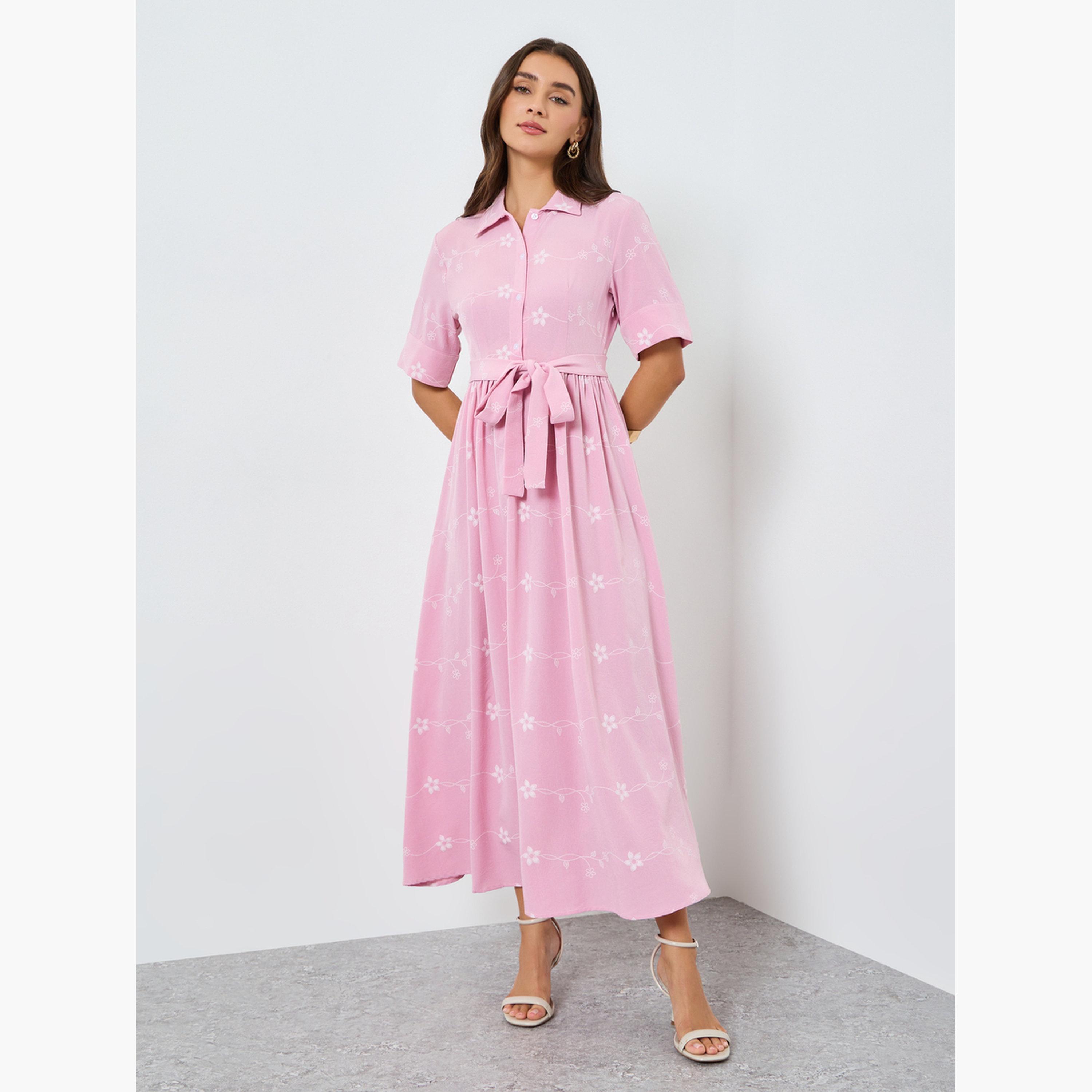 Styli Women Pink Floral Print Shirt Maxi Dress-women-clothing-dresses-image-1