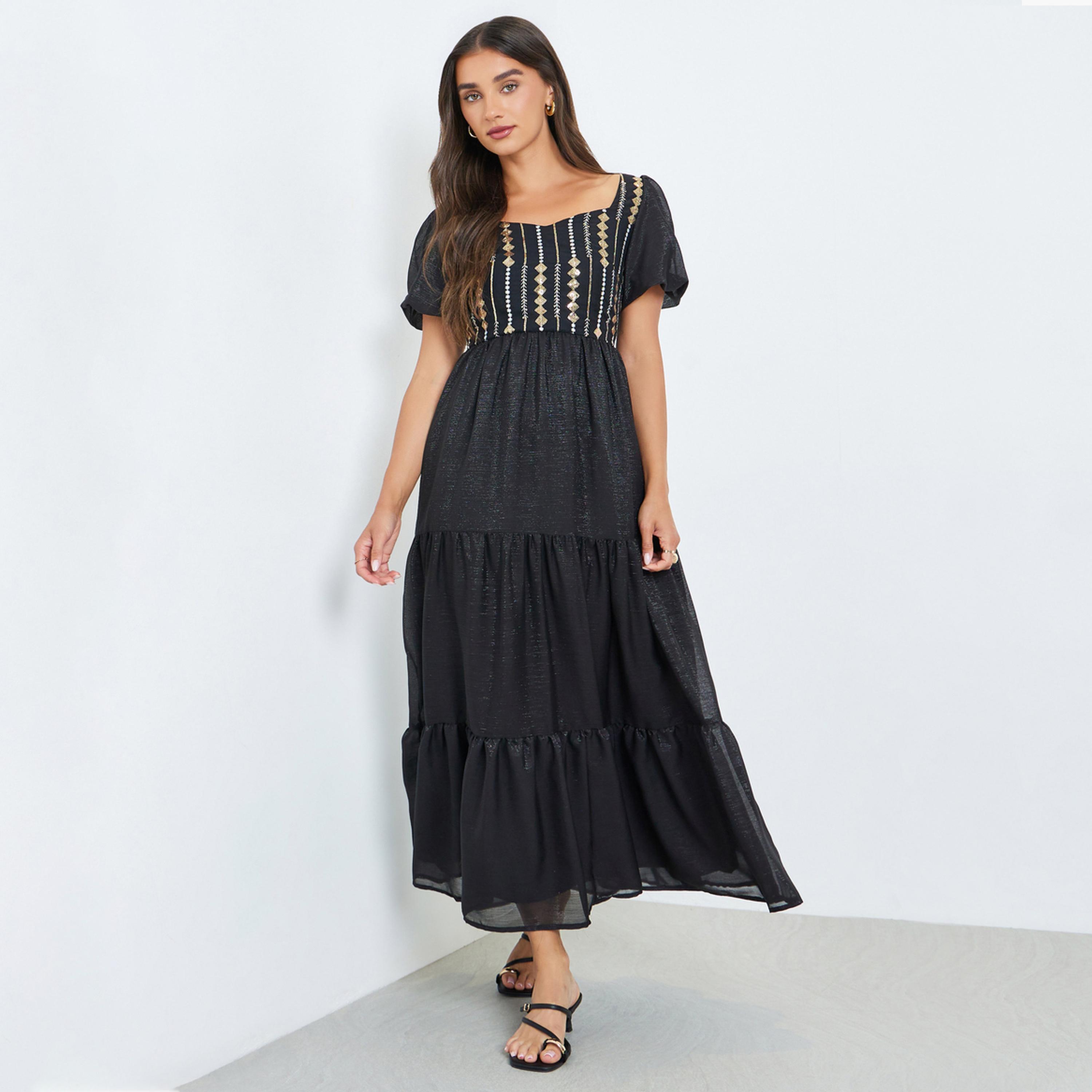 Styli Women Black Embroidered Puff Sleeves Tiered Maxi Dress-women-clothing-dresses-image-1