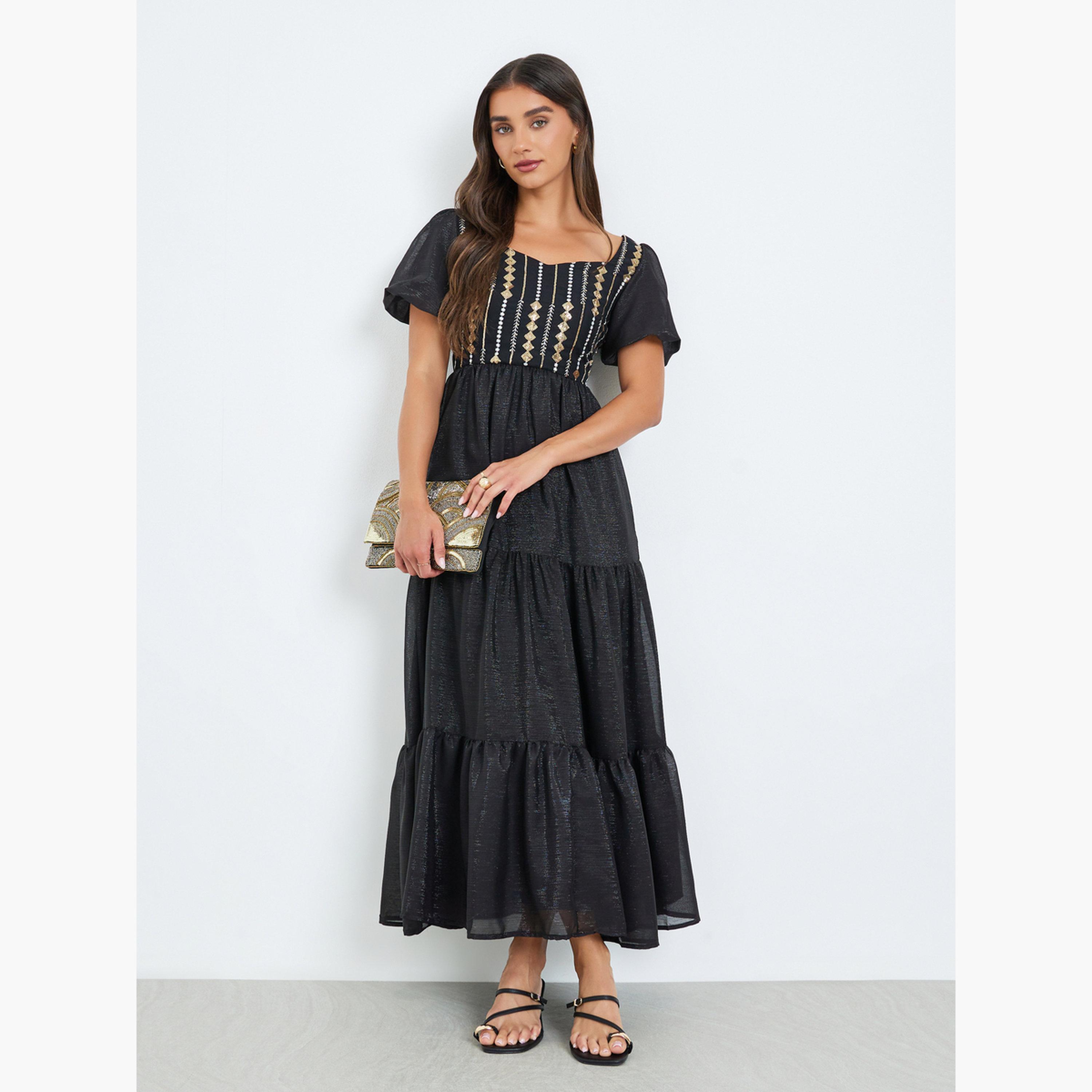 Styli Women Black Embroidered Puff Sleeves Tiered Maxi Dress-women-clothing-dresses-image-2