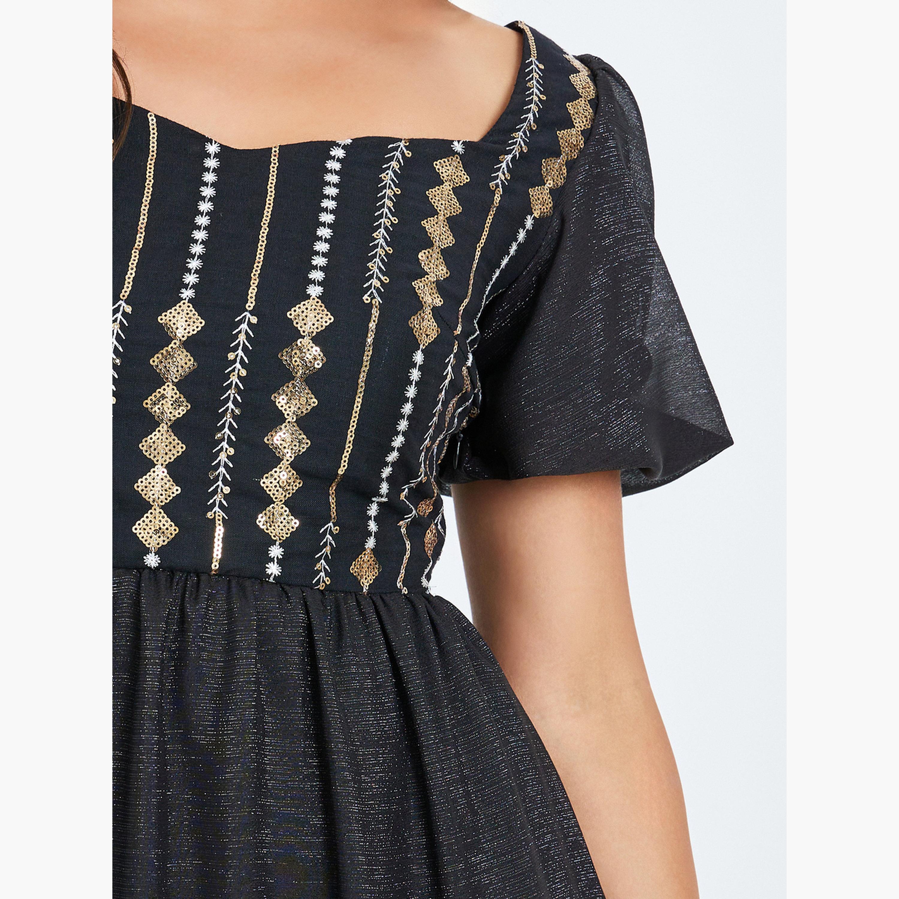 Styli Women Black Embroidered Puff Sleeves Tiered Maxi Dress-women-clothing-dresses-image-5
