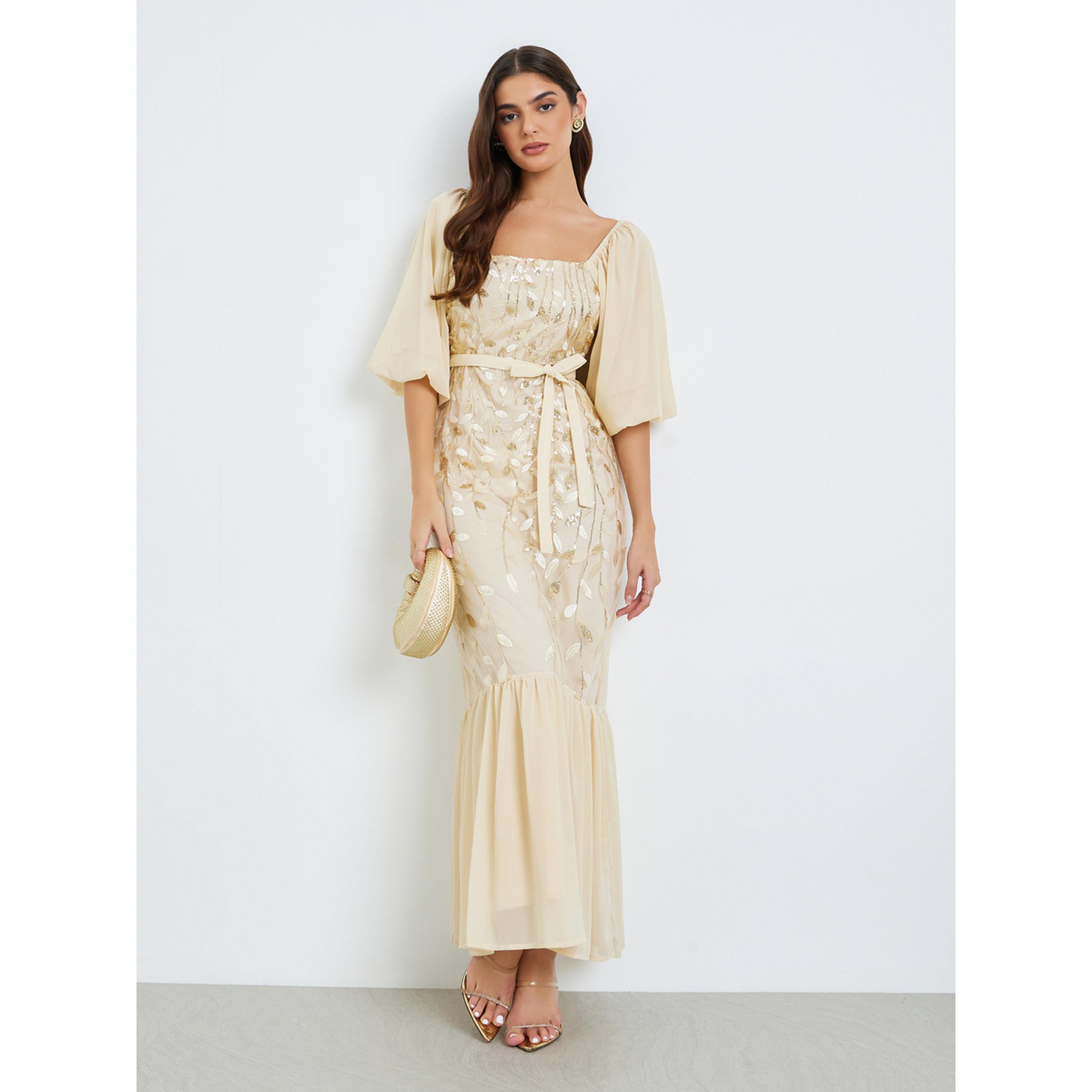 Styli Women Beige Embroidered Ruffled Hem Maxi Dress-women-clothing-dresses-image-1