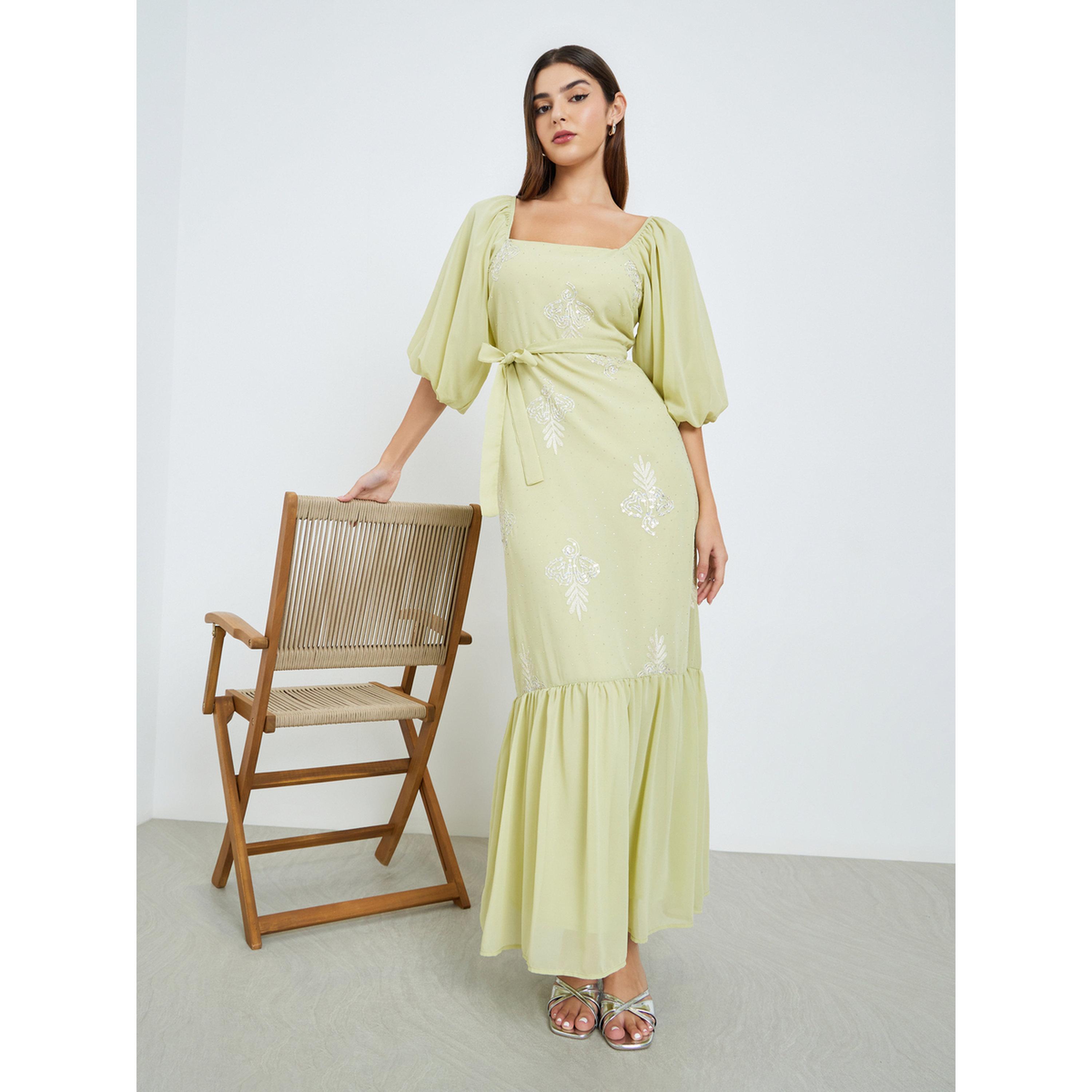 فستان طويل منمق بأكمام منفوخة-women-clothing-dresses-image-1