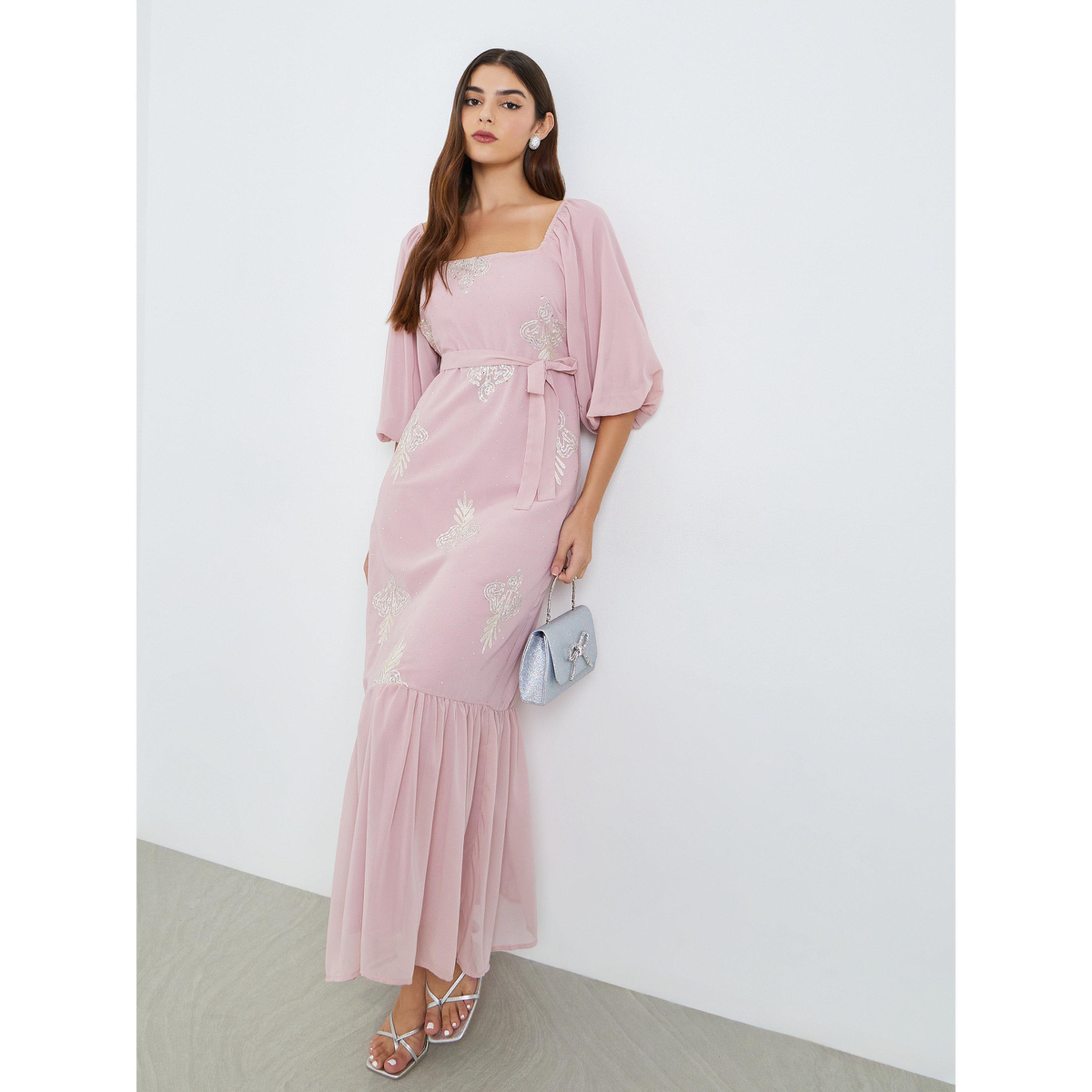 فستان طويل منمق بأكمام منفوخة-women-clothing-dresses-image-1