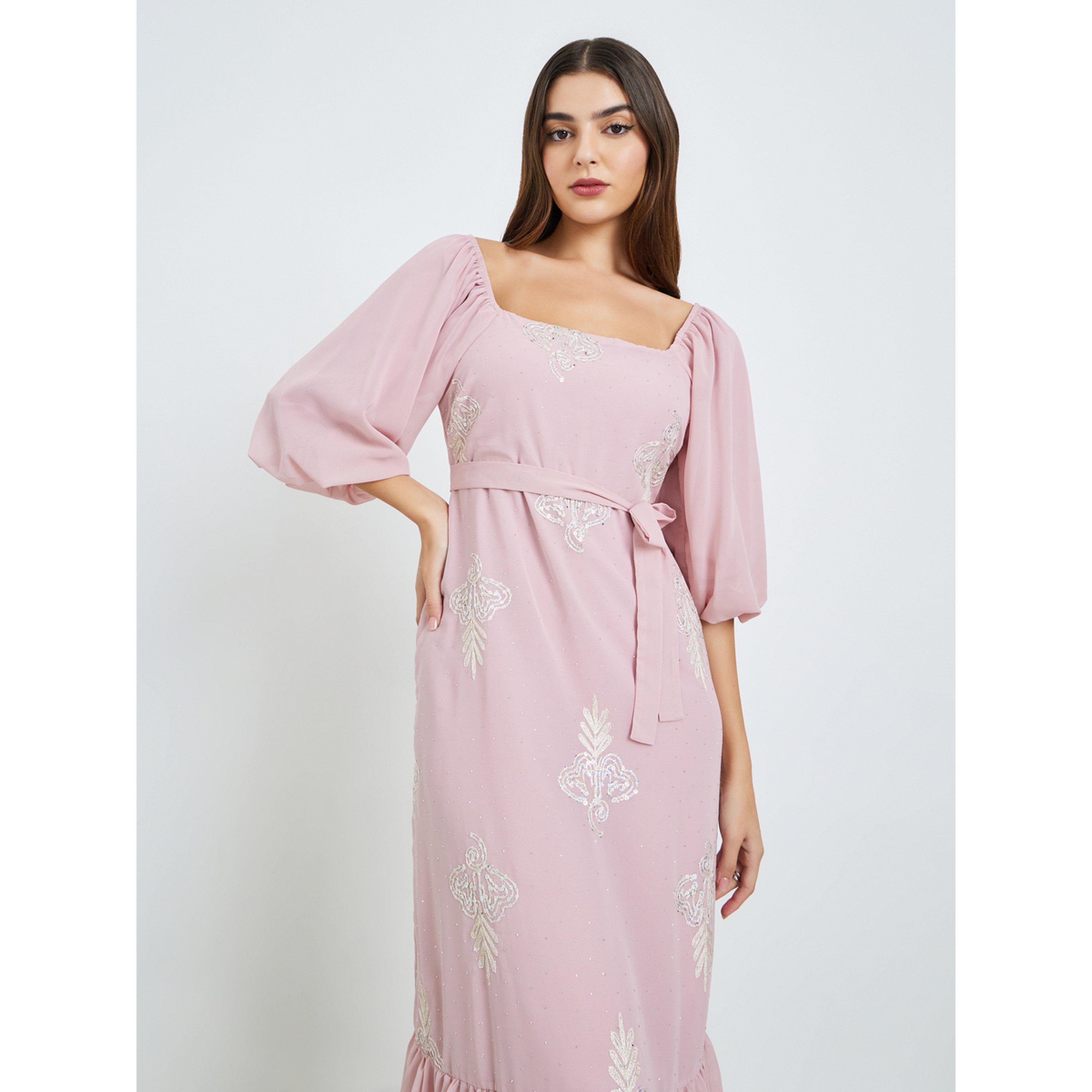 فستان طويل منمق بأكمام منفوخة-women-clothing-dresses-image-2
