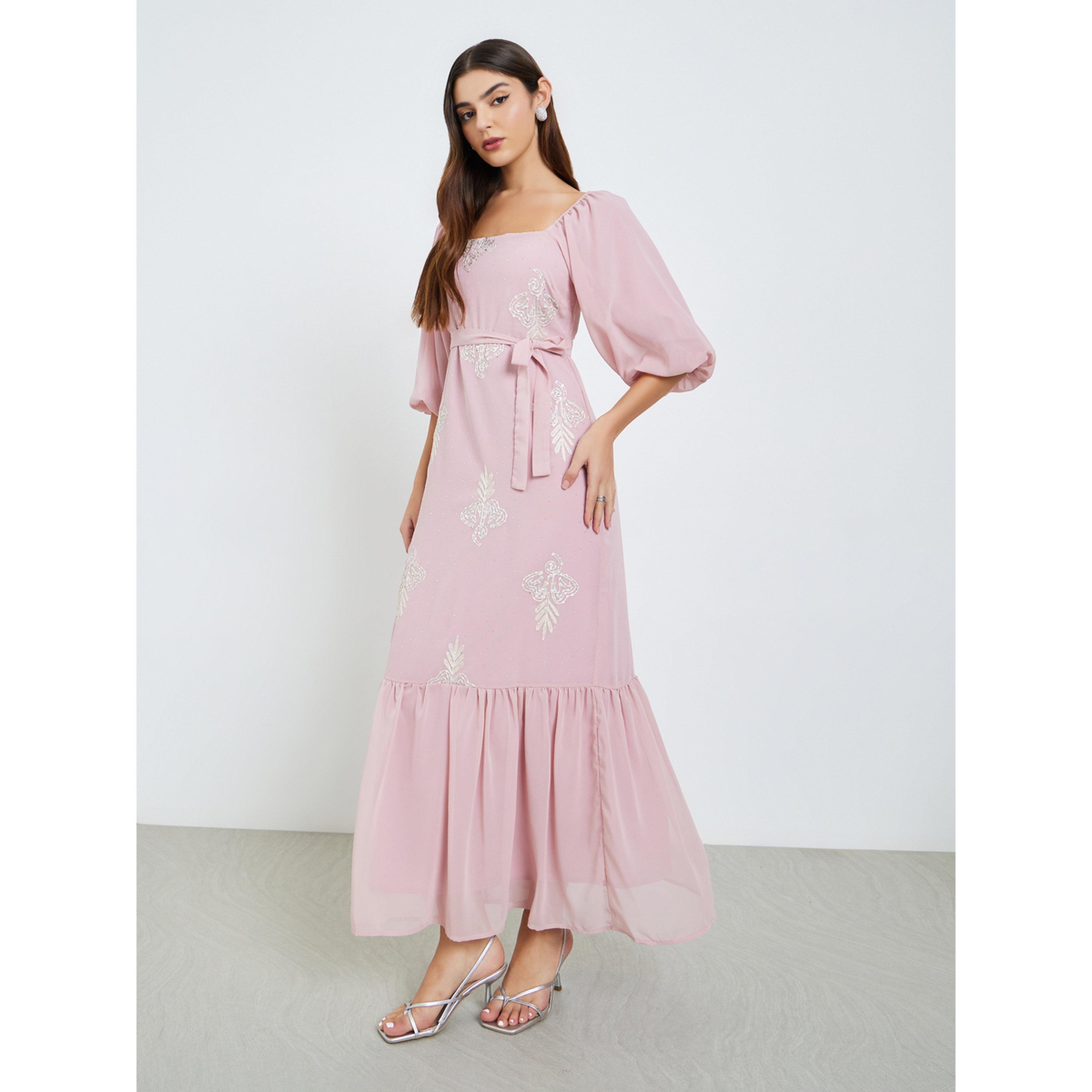 فستان طويل منمق بأكمام منفوخة-women-clothing-dresses-image-3