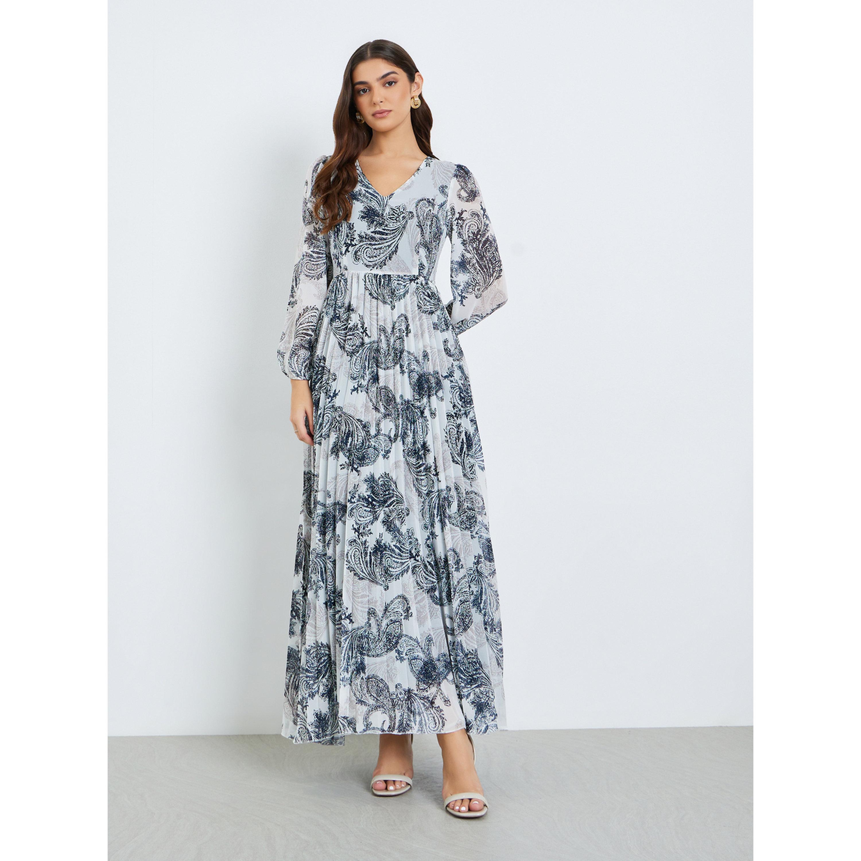 Styli Women Navy Blue Floral Print A-Line Maxi Dress-women-clothing-dresses-image-1
