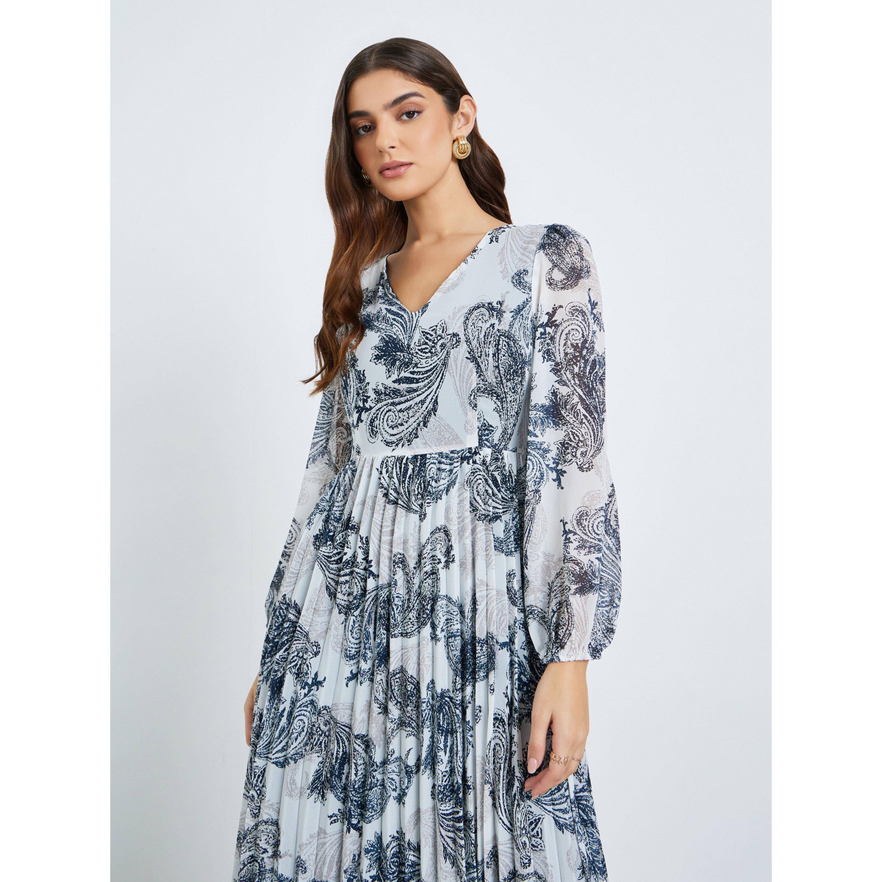 Styli Women Navy Blue Floral Print A-Line Maxi Dress-women-clothing-dresses-image-2