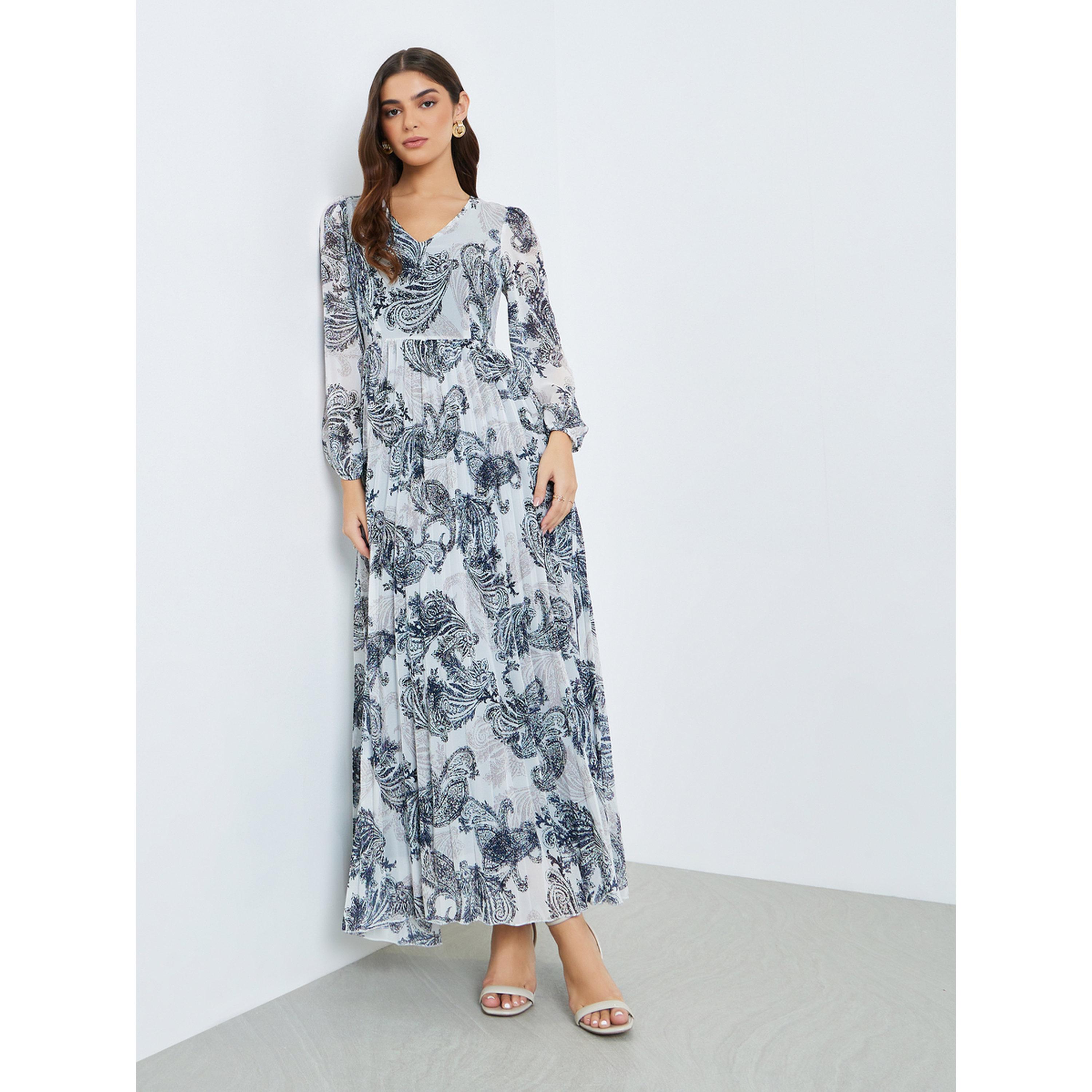 Styli Women Navy Blue Floral Print A-Line Maxi Dress-women-clothing-dresses-image-3