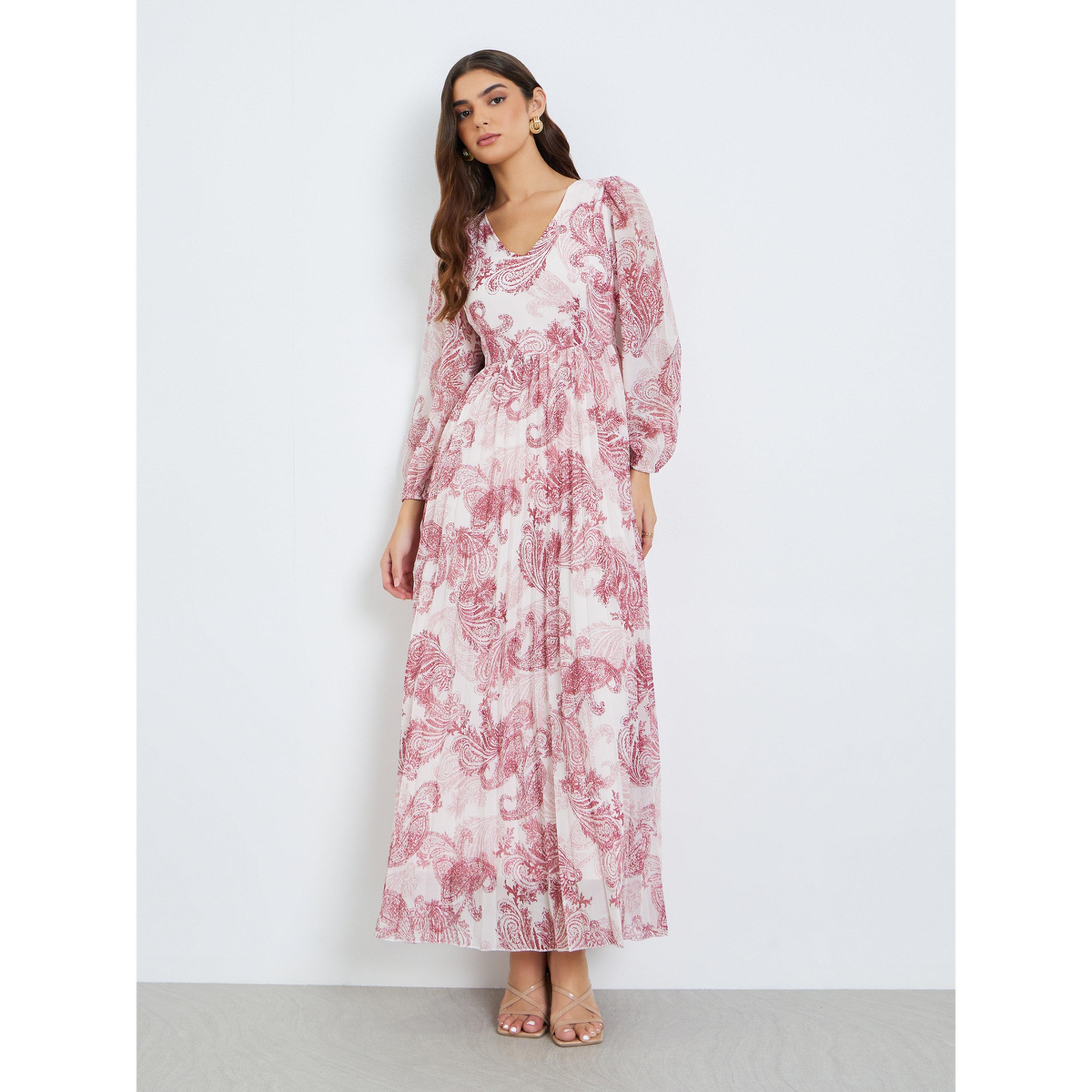 فستان طويل نسائي مطبوع بأكمام منفوخة وحافة واسعة-women-clothing-dresses-image-1