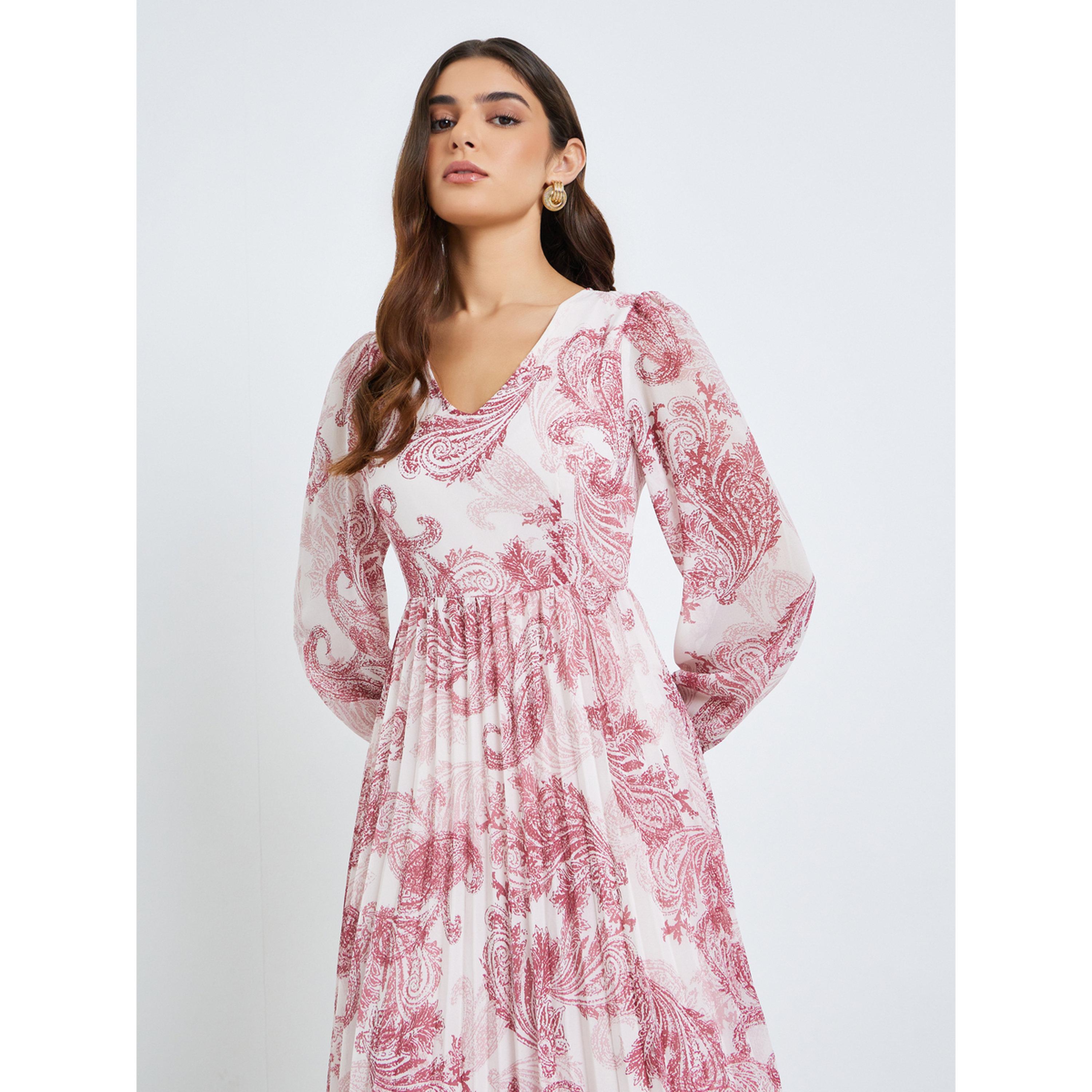 فستان طويل نسائي مطبوع بأكمام منفوخة وحافة واسعة-women-clothing-dresses-image-2