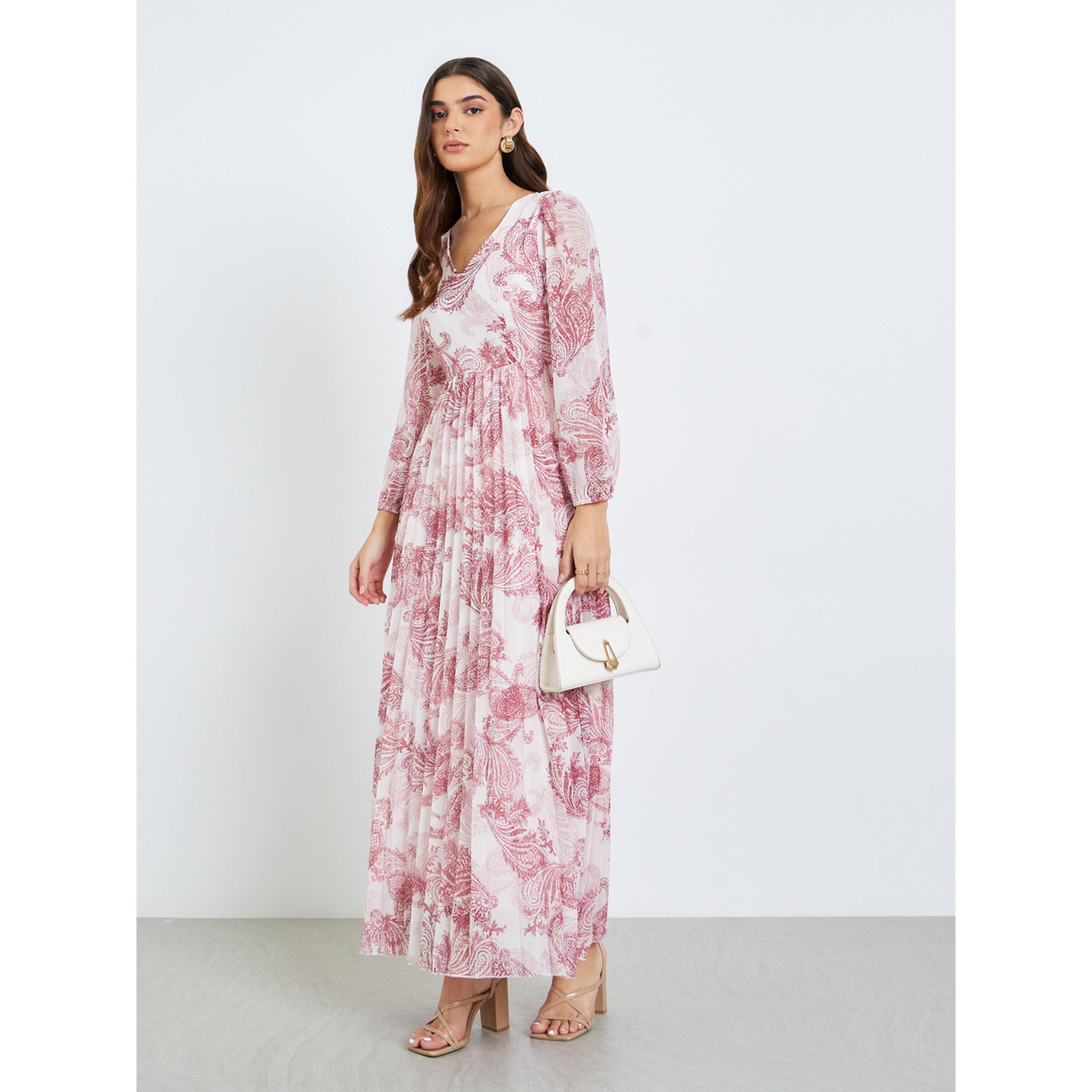 فستان طويل نسائي مطبوع بأكمام منفوخة وحافة واسعة-women-clothing-dresses-image-3