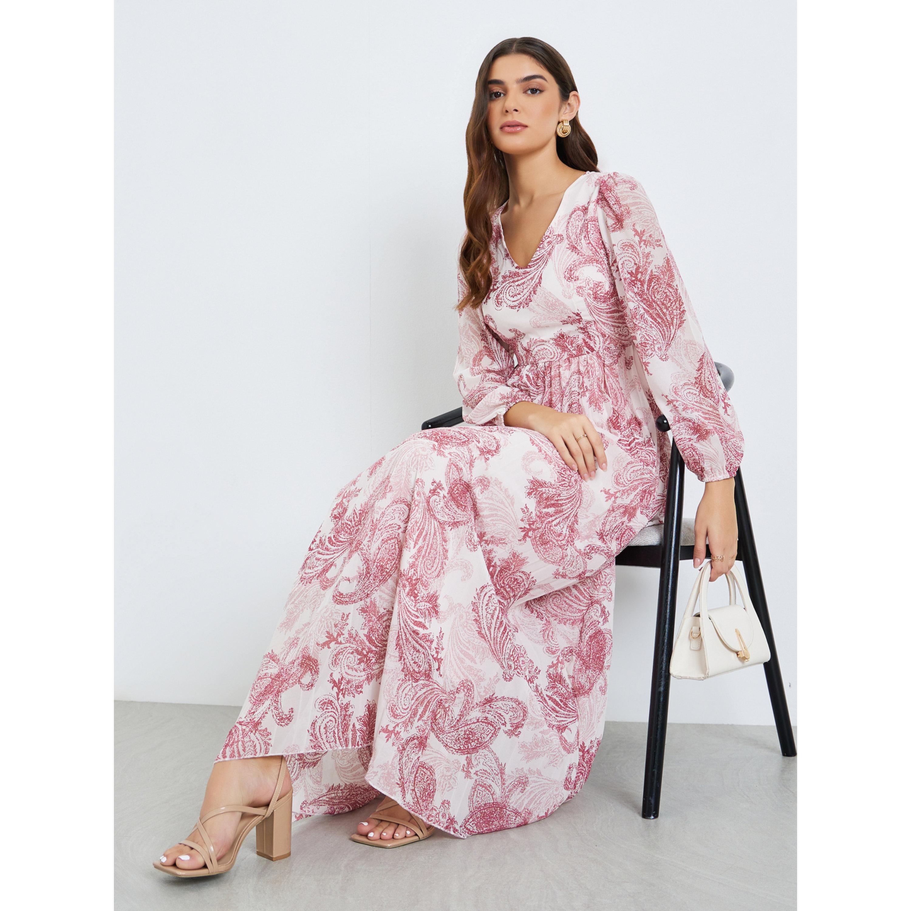 فستان طويل نسائي مطبوع بأكمام منفوخة وحافة واسعة-women-clothing-dresses-image-4