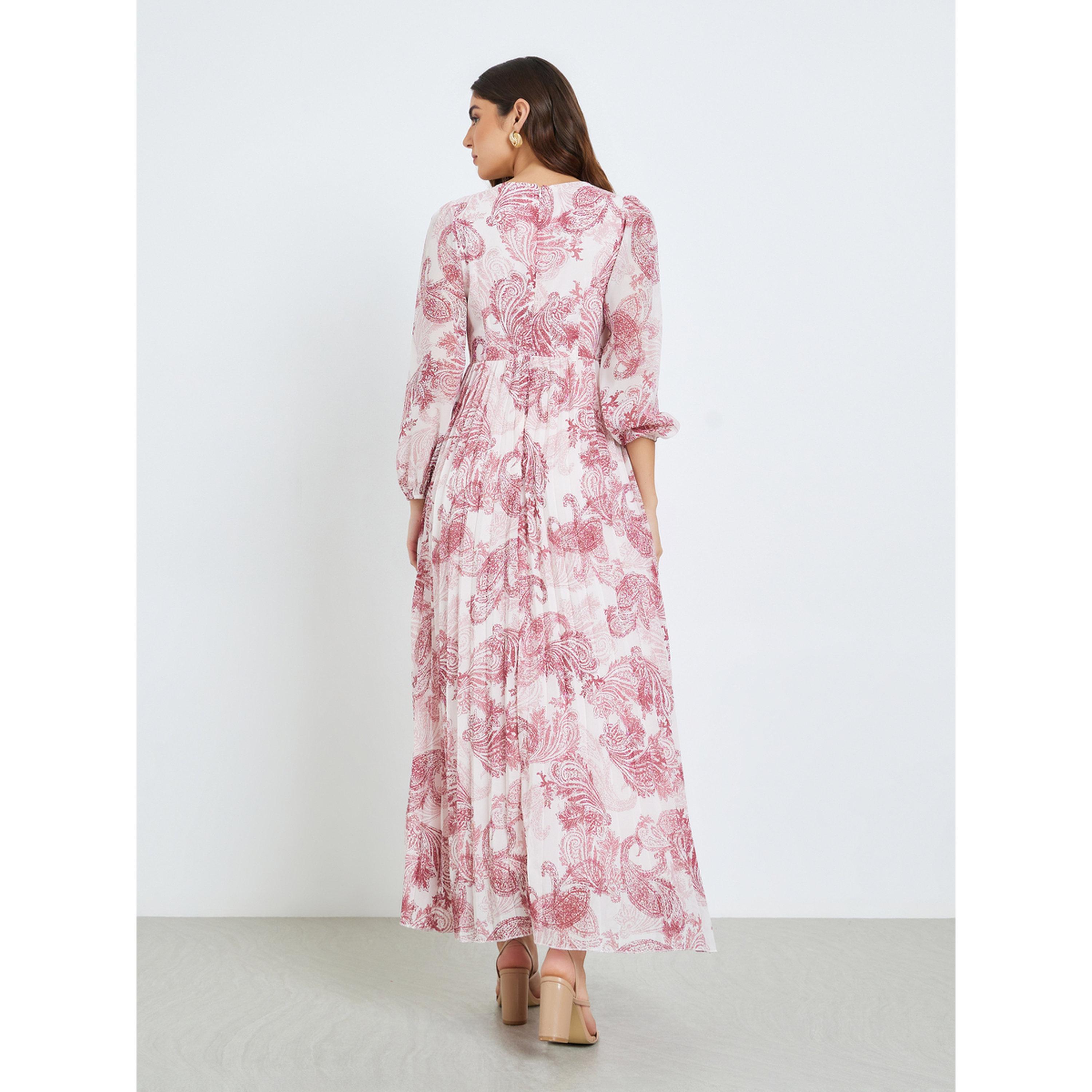 فستان طويل نسائي مطبوع بأكمام منفوخة وحافة واسعة-women-clothing-dresses-image-5