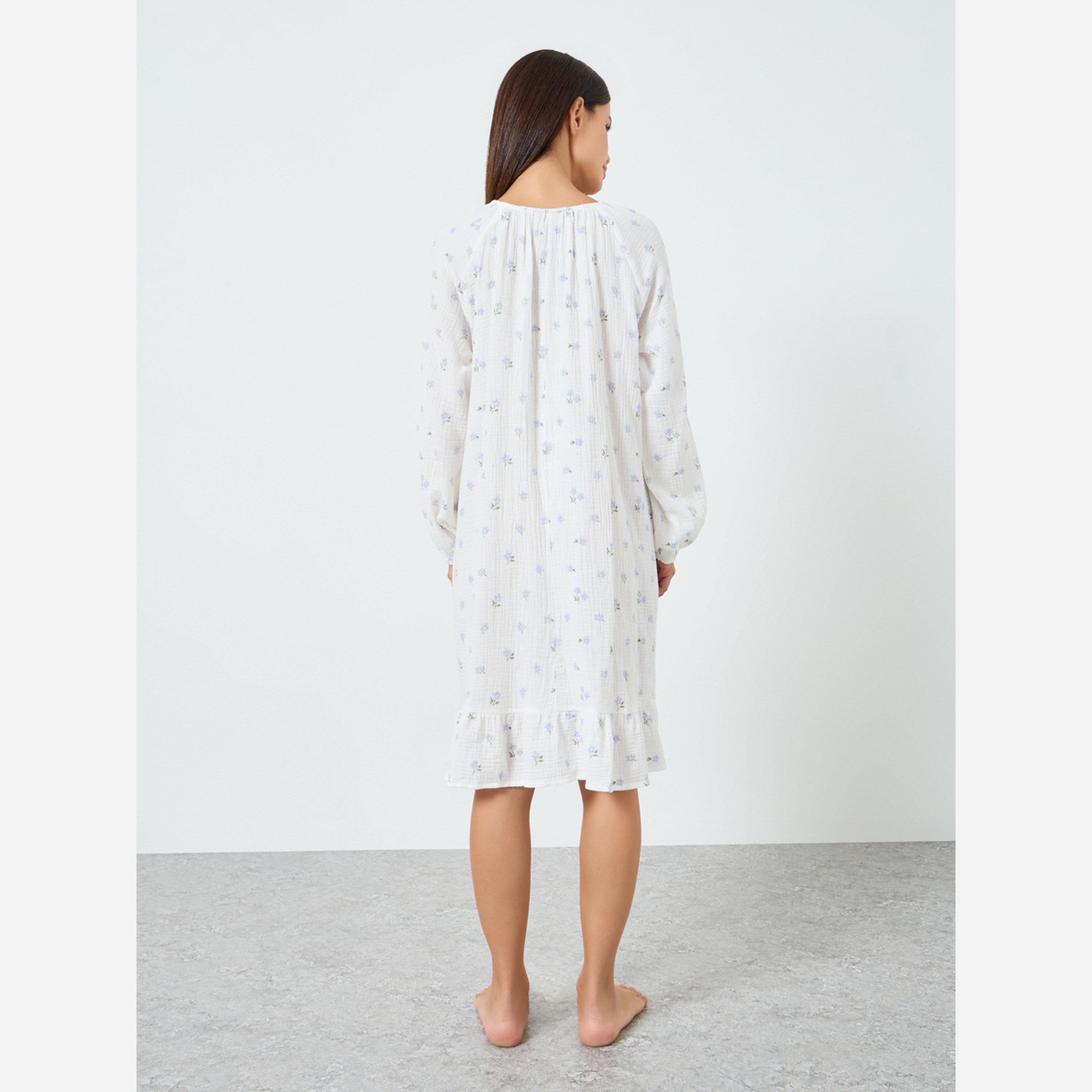 Styli COTTON GAUZE FLORAL PRINT RUFFLE EDGE & PLACKET DETAIL LONGSLEEVE NIGHTDRESS - KNEE-women-clothing-nightwear-nighties-image-4