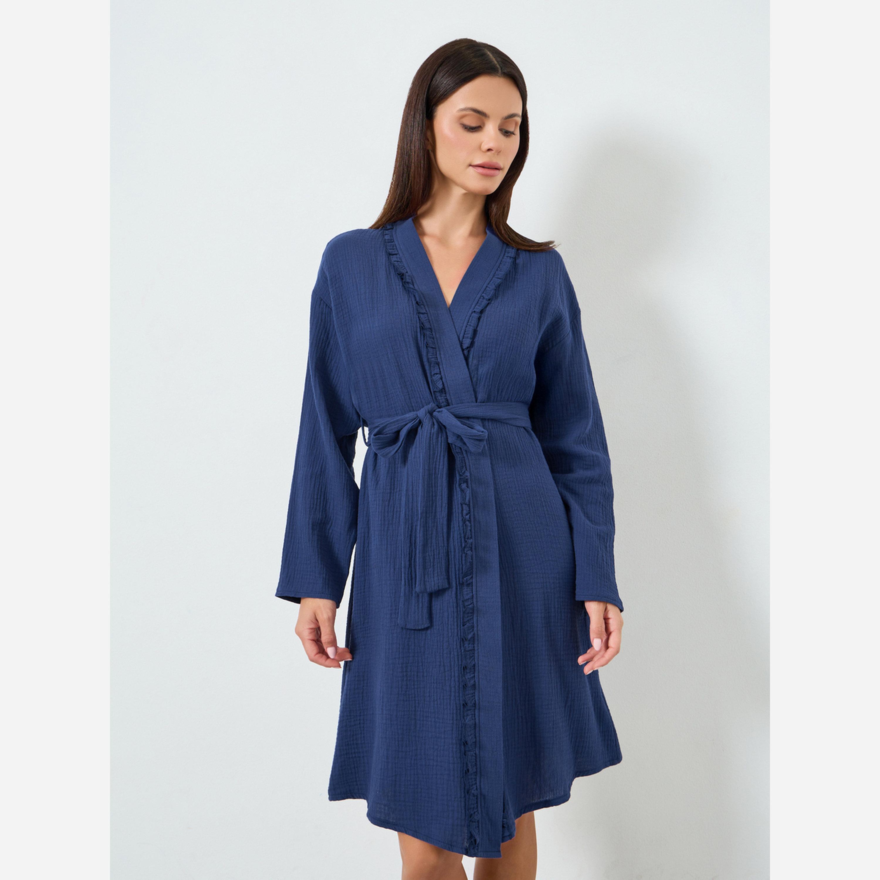ستايلي - رداء شاش قطن حواف مكشكشة - يصل إلى الركبة-women-clothing-nightwear-robes-image-1