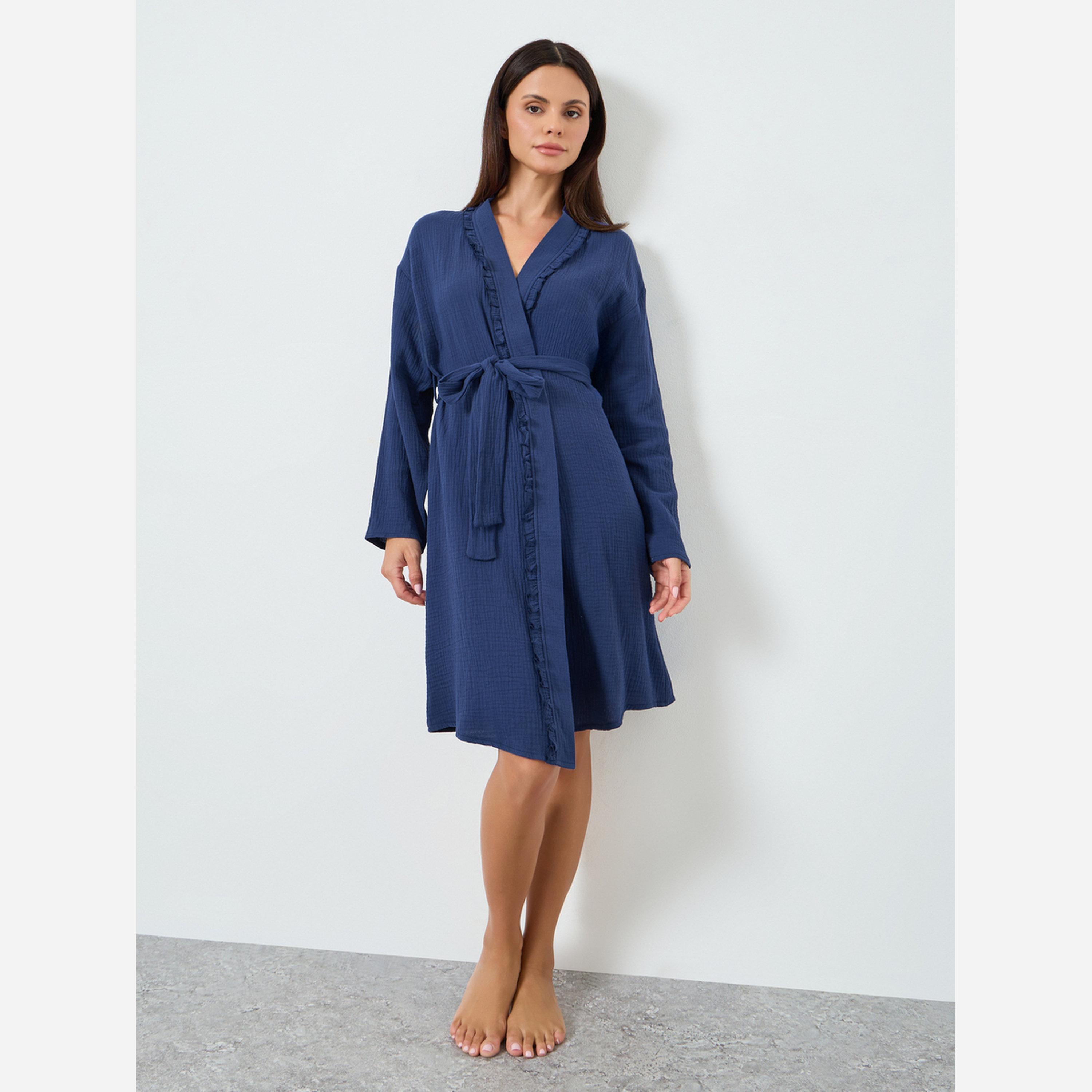 ستايلي - رداء شاش قطن حواف مكشكشة - يصل إلى الركبة-women-clothing-nightwear-robes-image-2