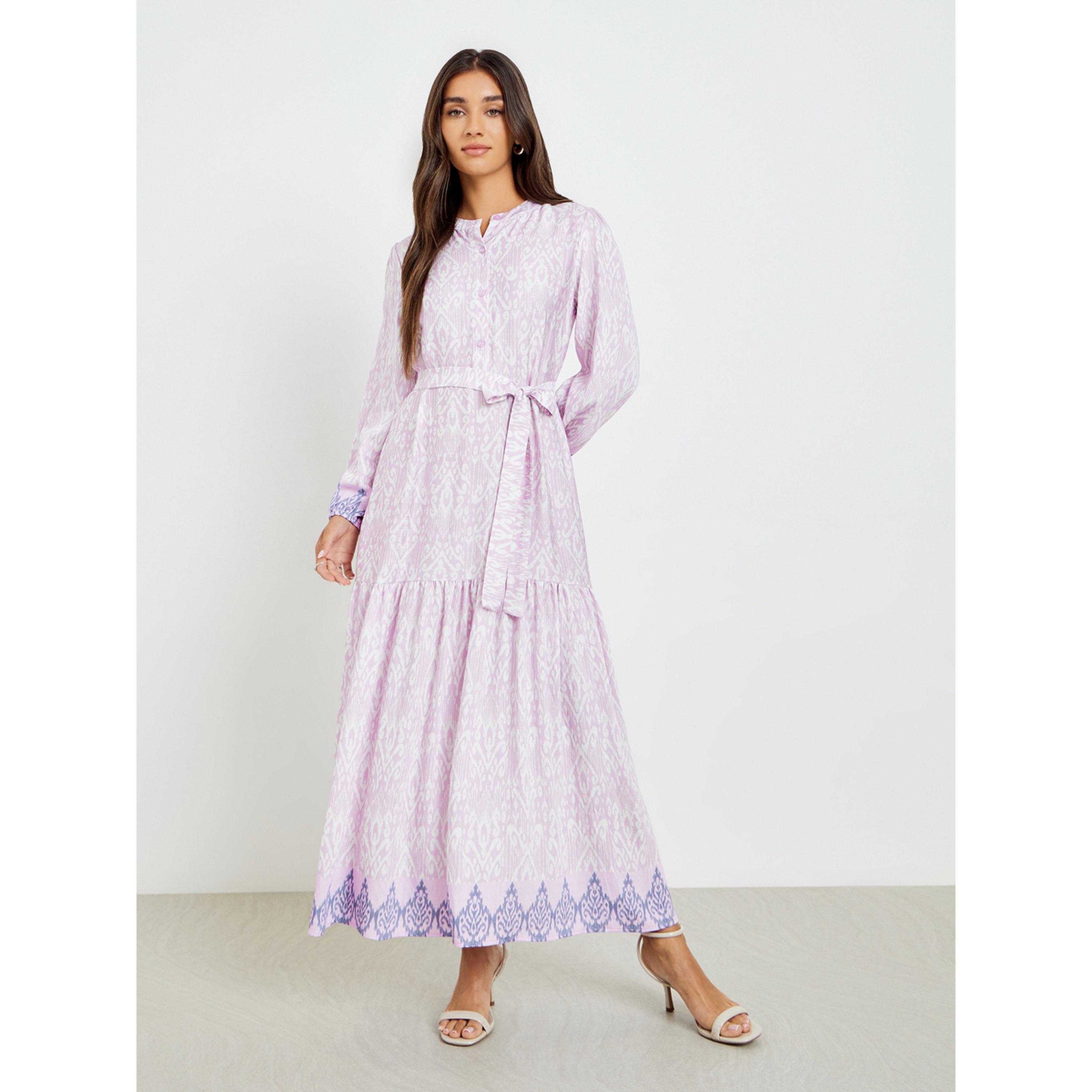 فستان طويل مطبع بحافة واسعة وأكمام طويلة-women-clothing-dresses-image-1