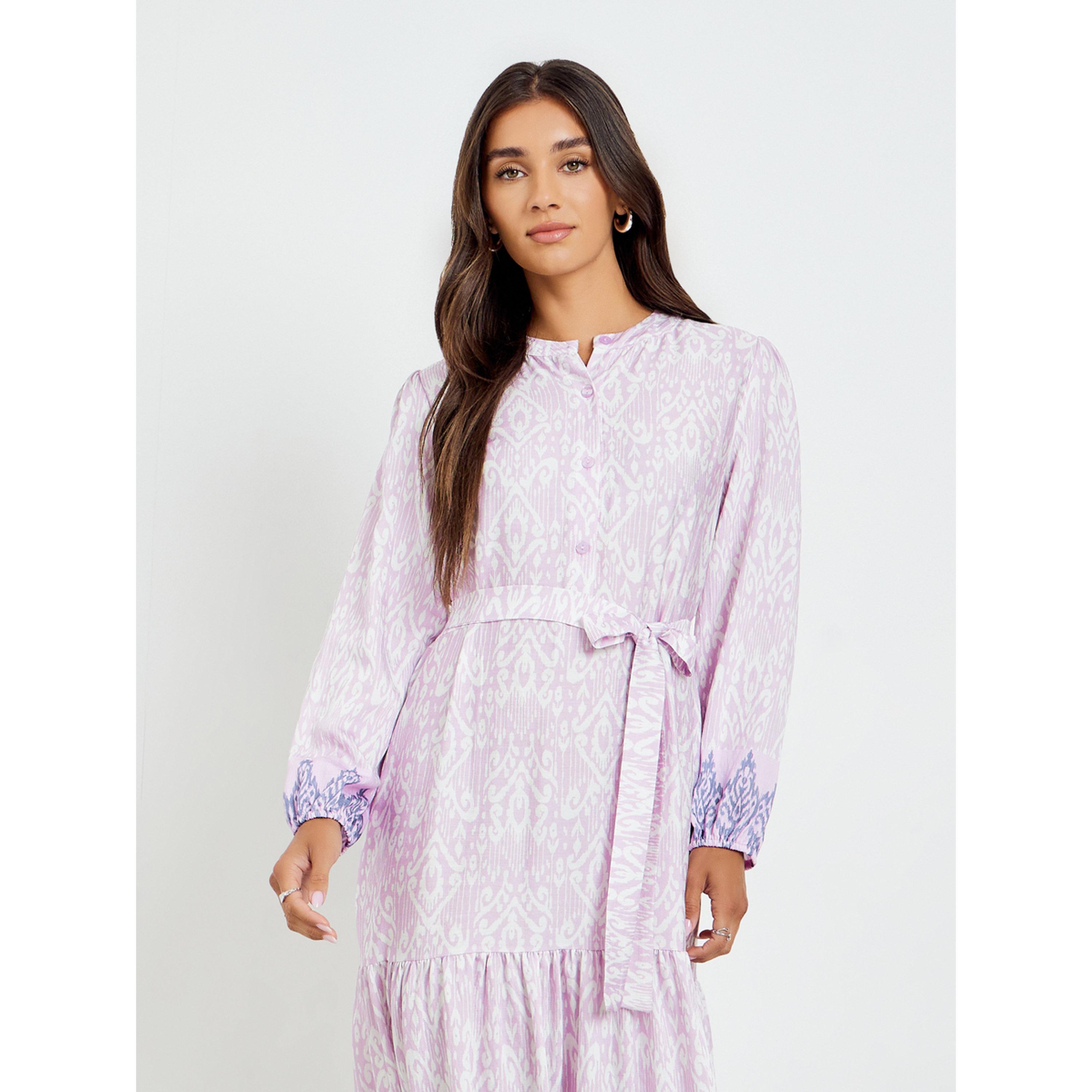 فستان طويل مطبع بحافة واسعة وأكمام طويلة-women-clothing-dresses-image-2