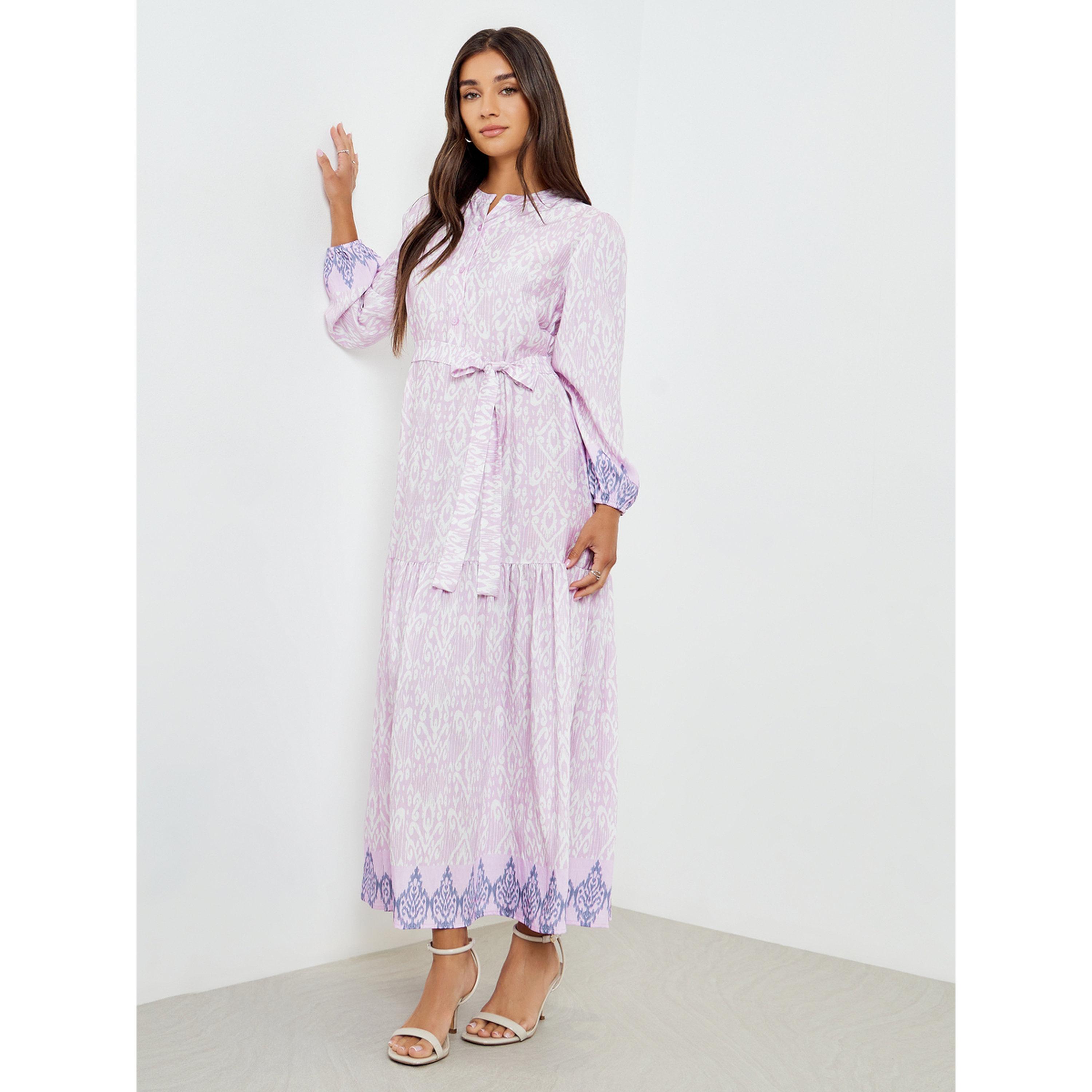 فستان طويل مطبع بحافة واسعة وأكمام طويلة-women-clothing-dresses-image-3