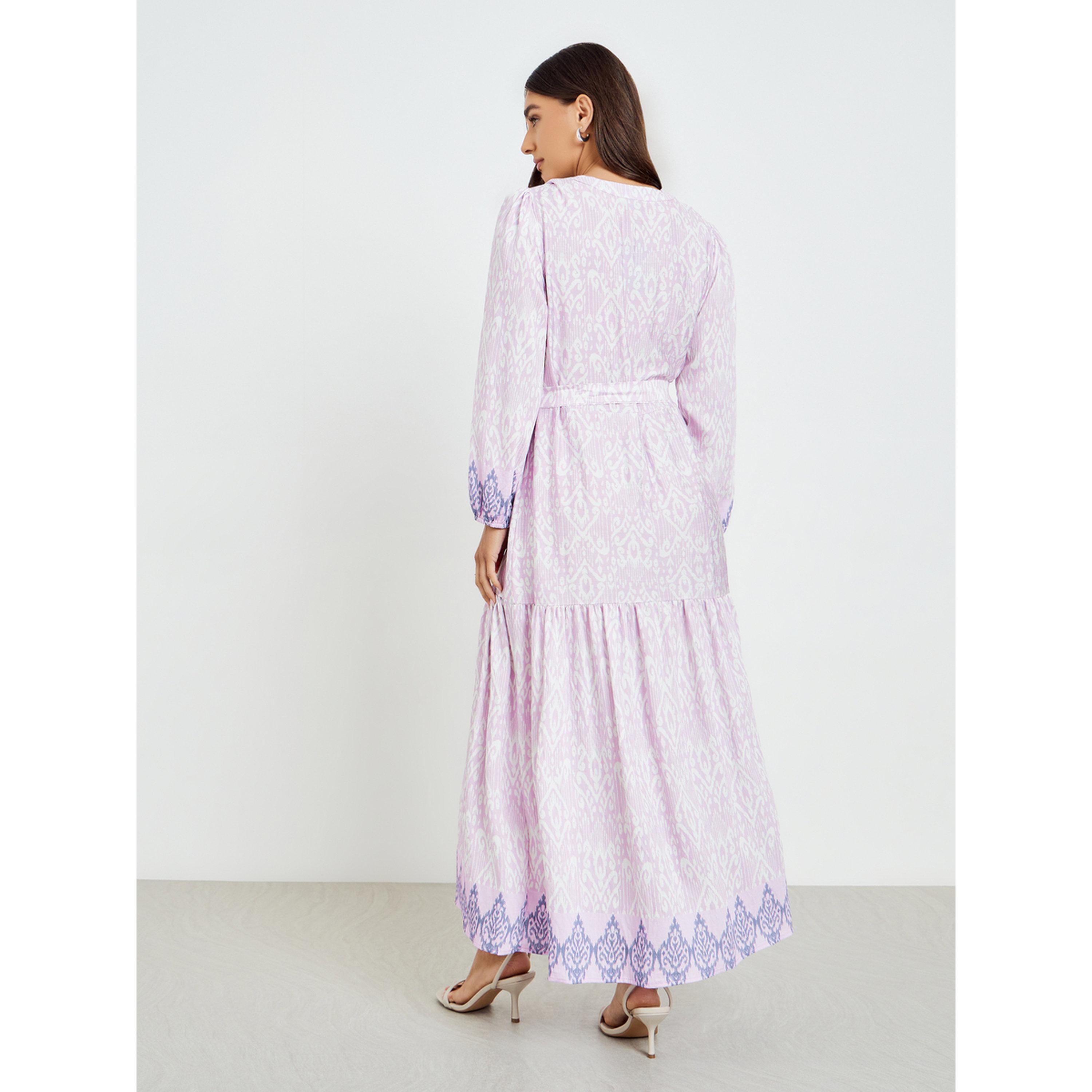 فستان طويل مطبع بحافة واسعة وأكمام طويلة-women-clothing-dresses-image-4