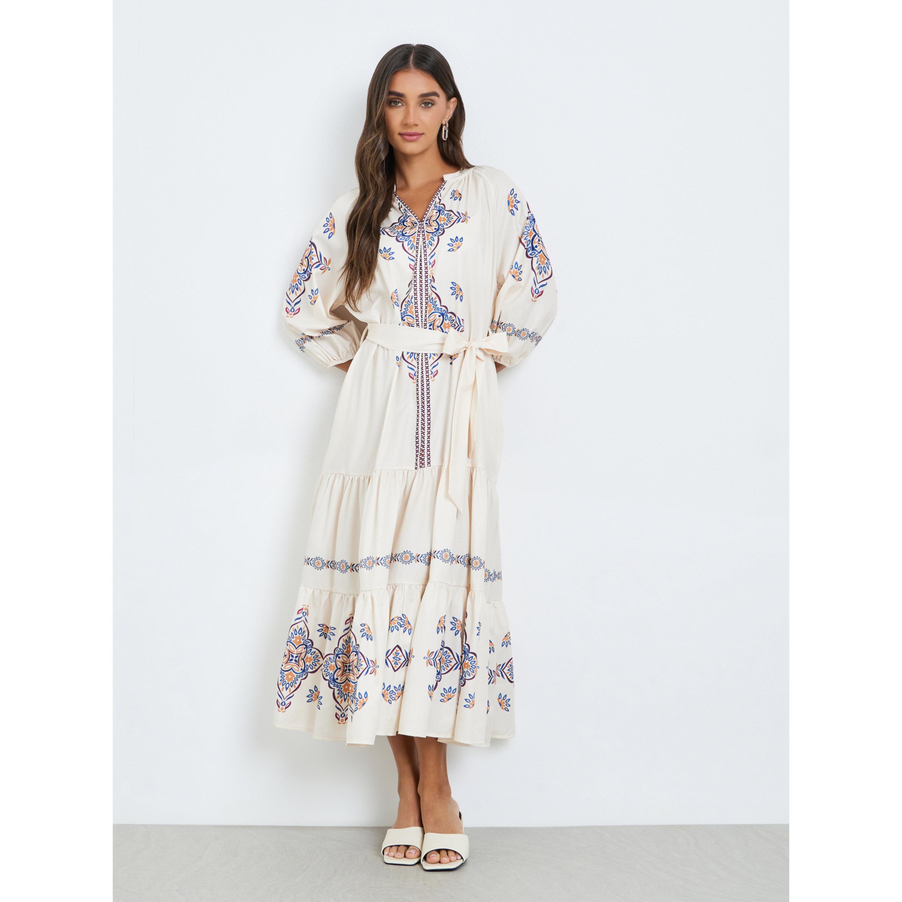 Styli Women Cream Floral Print Tiered Midi Dress-women-clothing-dresses-image-1