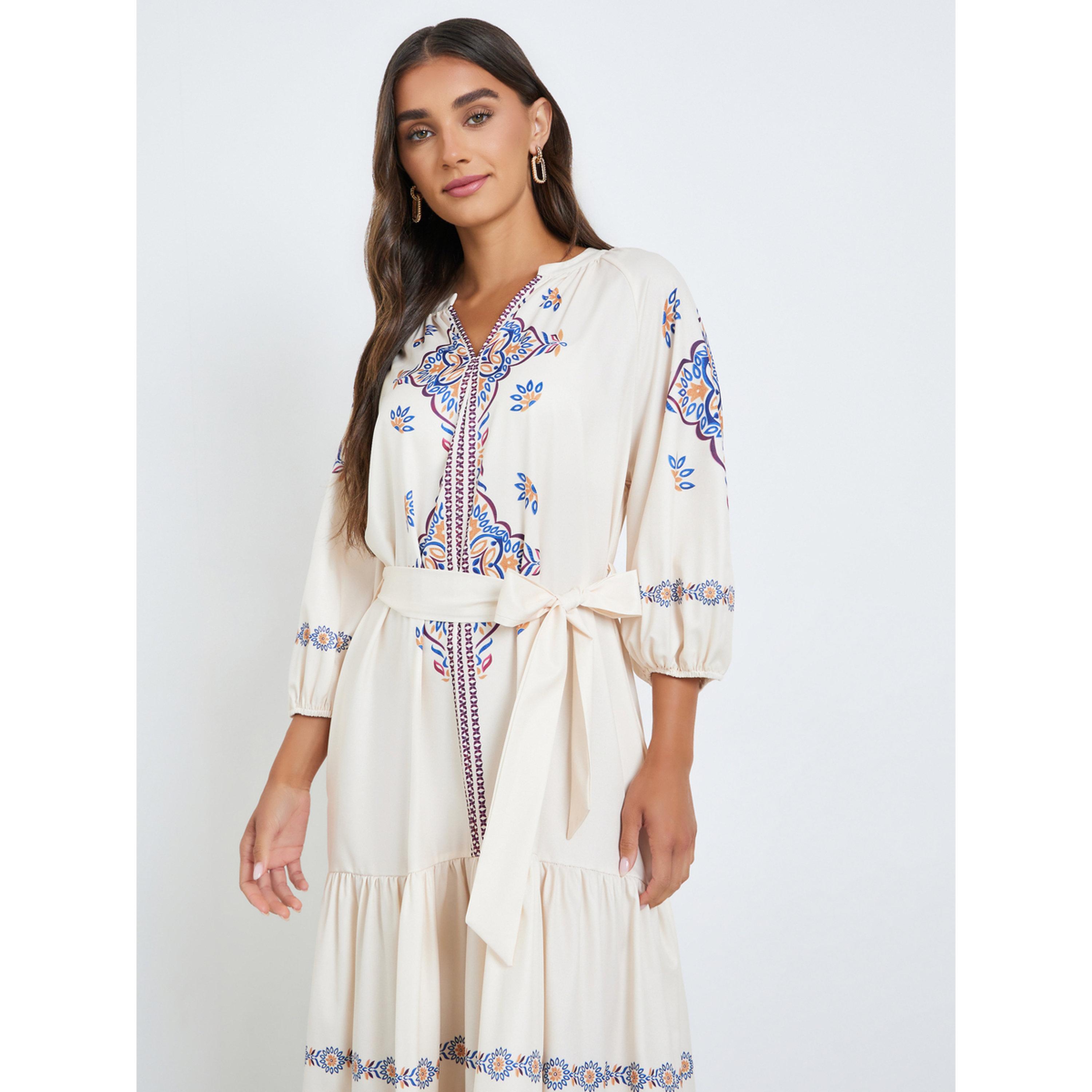 Styli Women Cream Floral Print Tiered Midi Dress-women-clothing-dresses-image-2