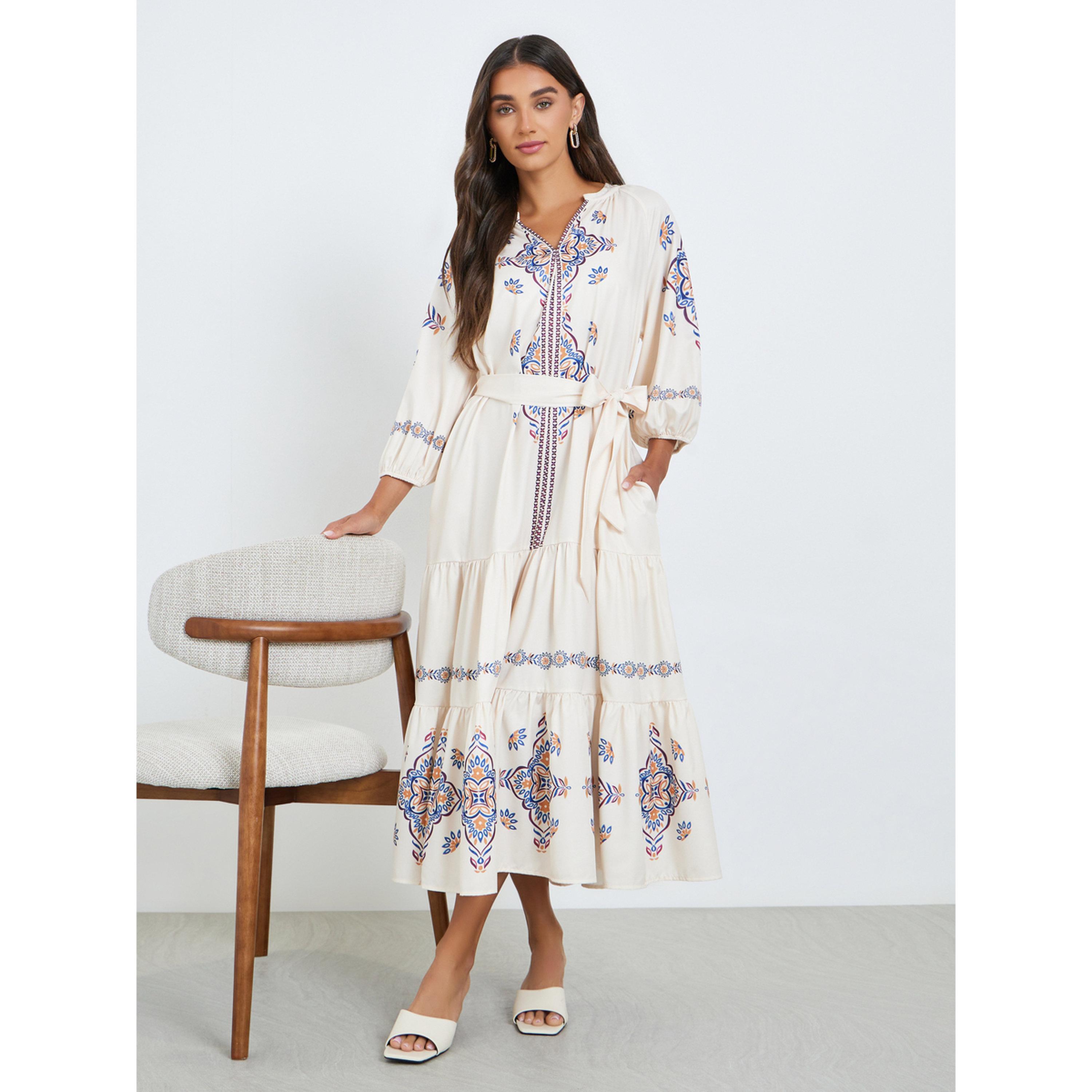 Styli Women Cream Floral Print Tiered Midi Dress-women-clothing-dresses-image-3