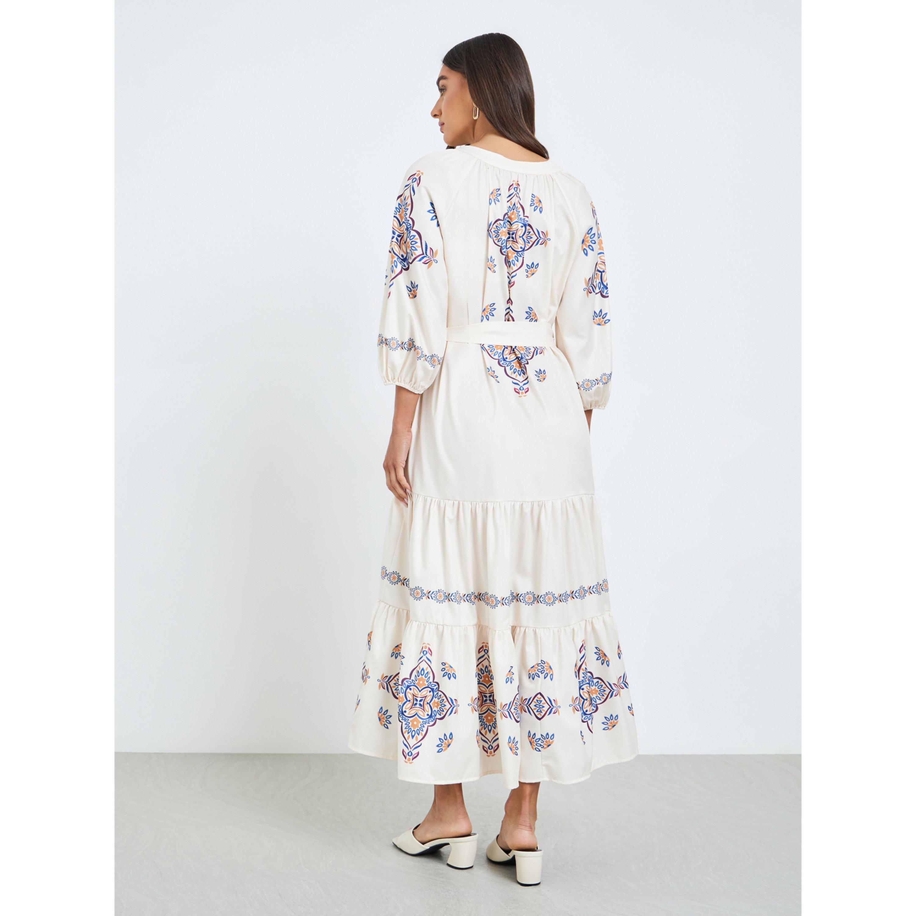 Styli Women Cream Floral Print Tiered Midi Dress-women-clothing-dresses-image-4