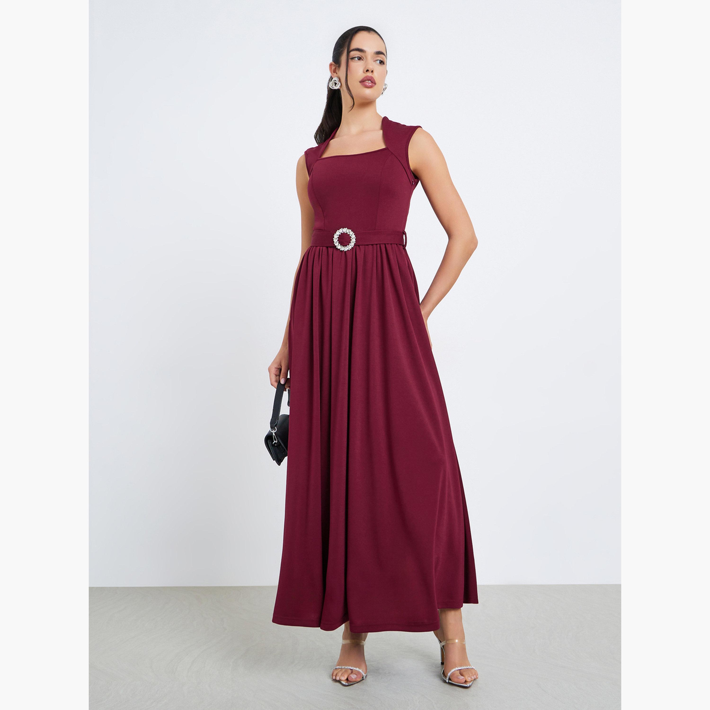 Styli Women Burgundy A-Line Maxi Dress with Belt-women-clothing-dresses-image-1