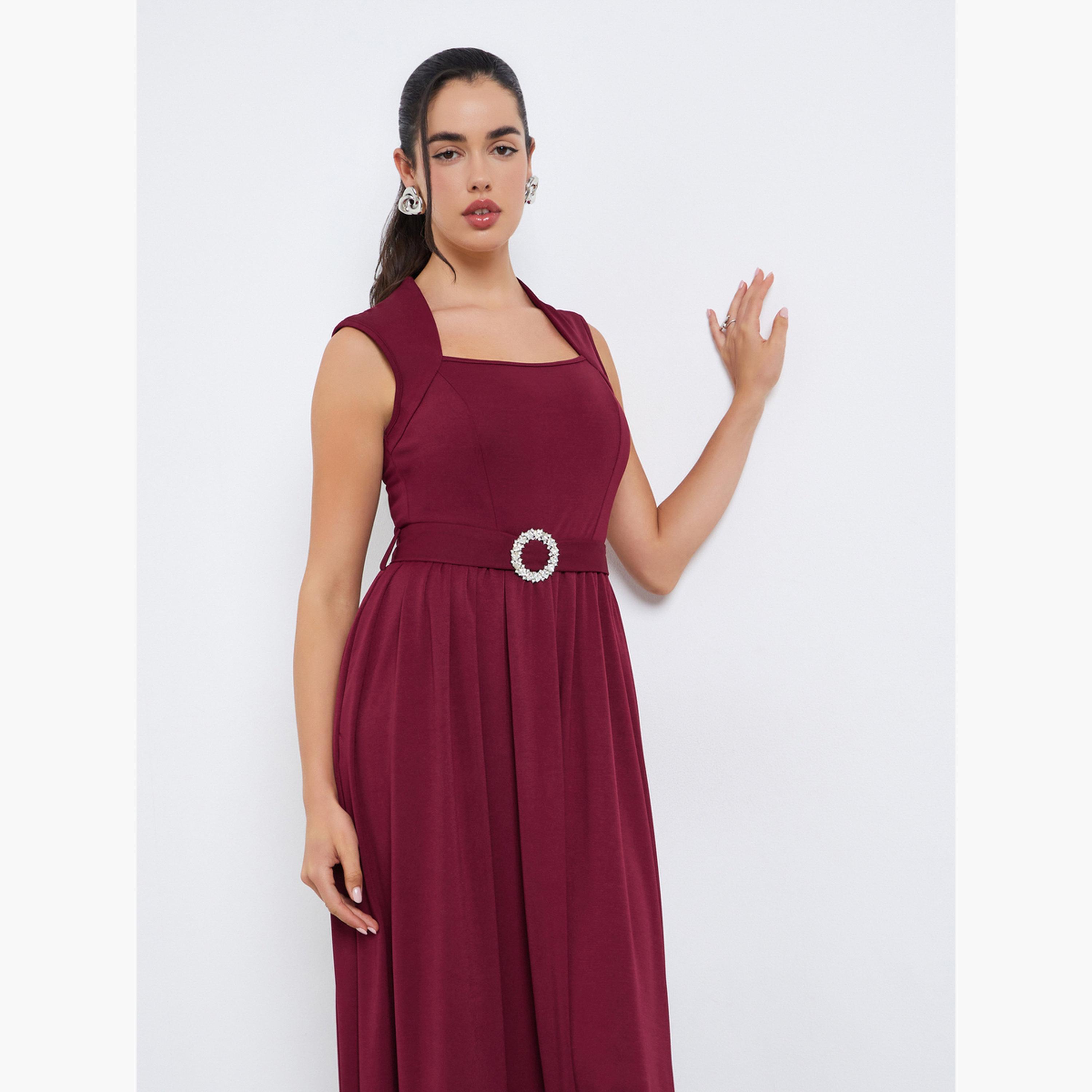 Styli Women Burgundy A-Line Maxi Dress with Belt-women-clothing-dresses-image-2